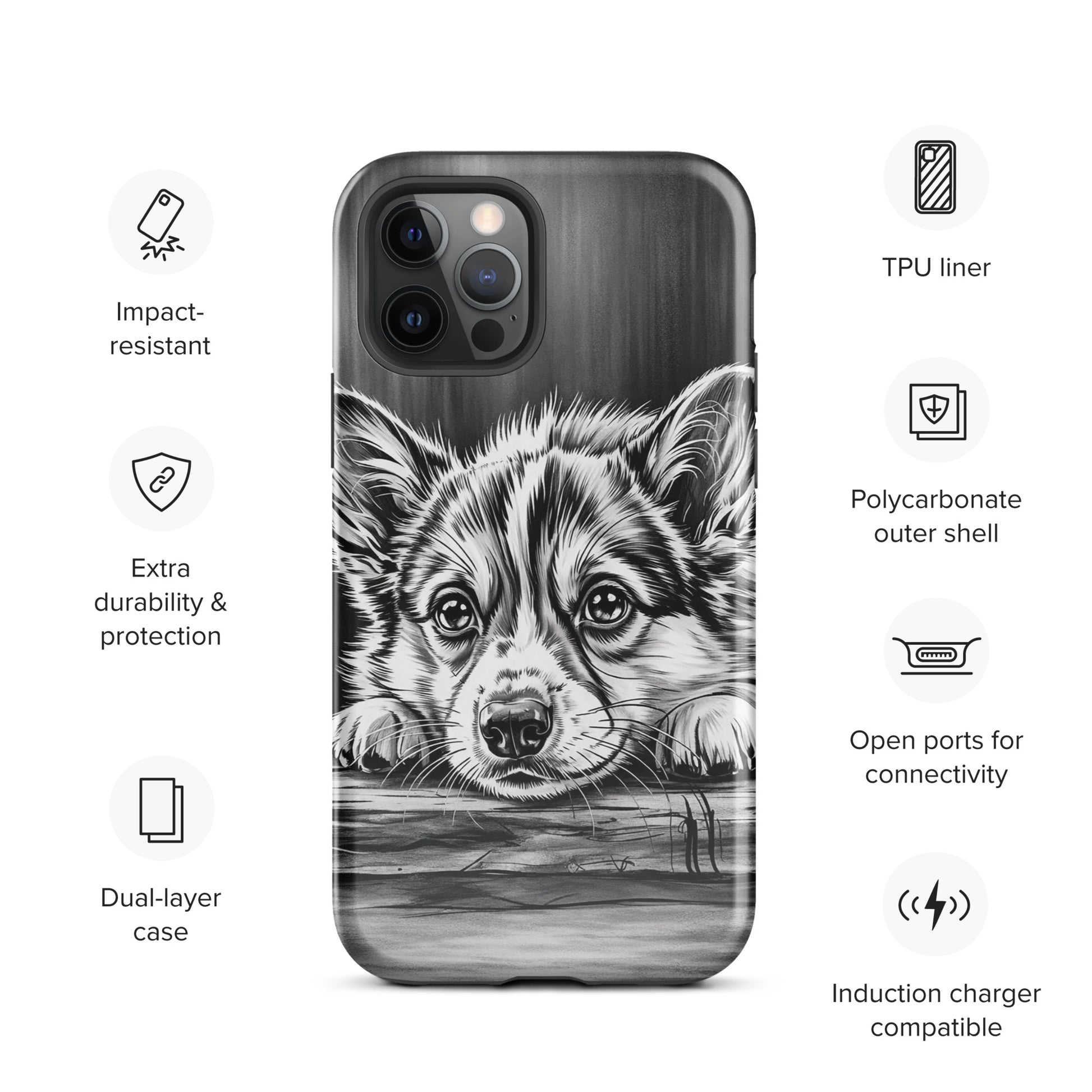 Phone Case for iPhone featuring black-and-white puppy art on aged wood, offering artistic charm and premium protection.