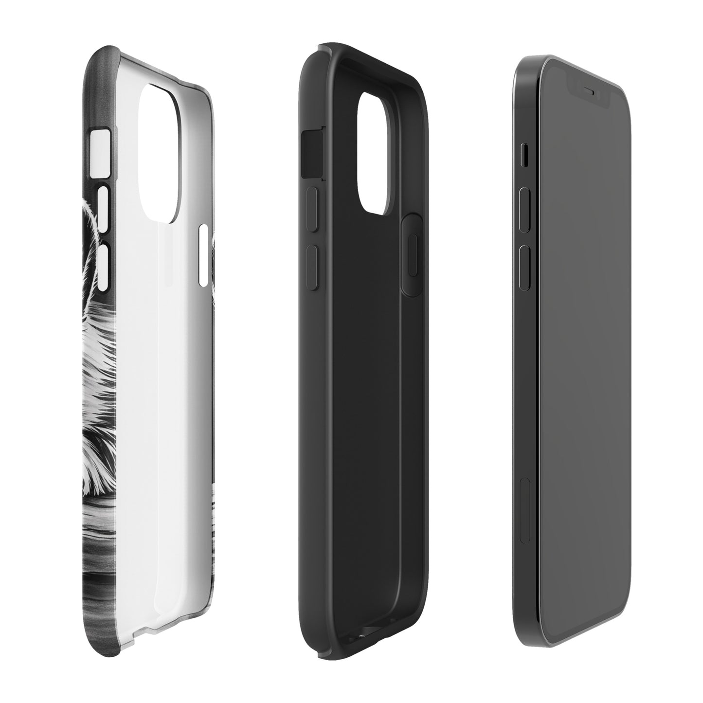 Phone Case for iPhone with elegant black-and-white puppy art design showcasing full back and side protection, luxury feel.