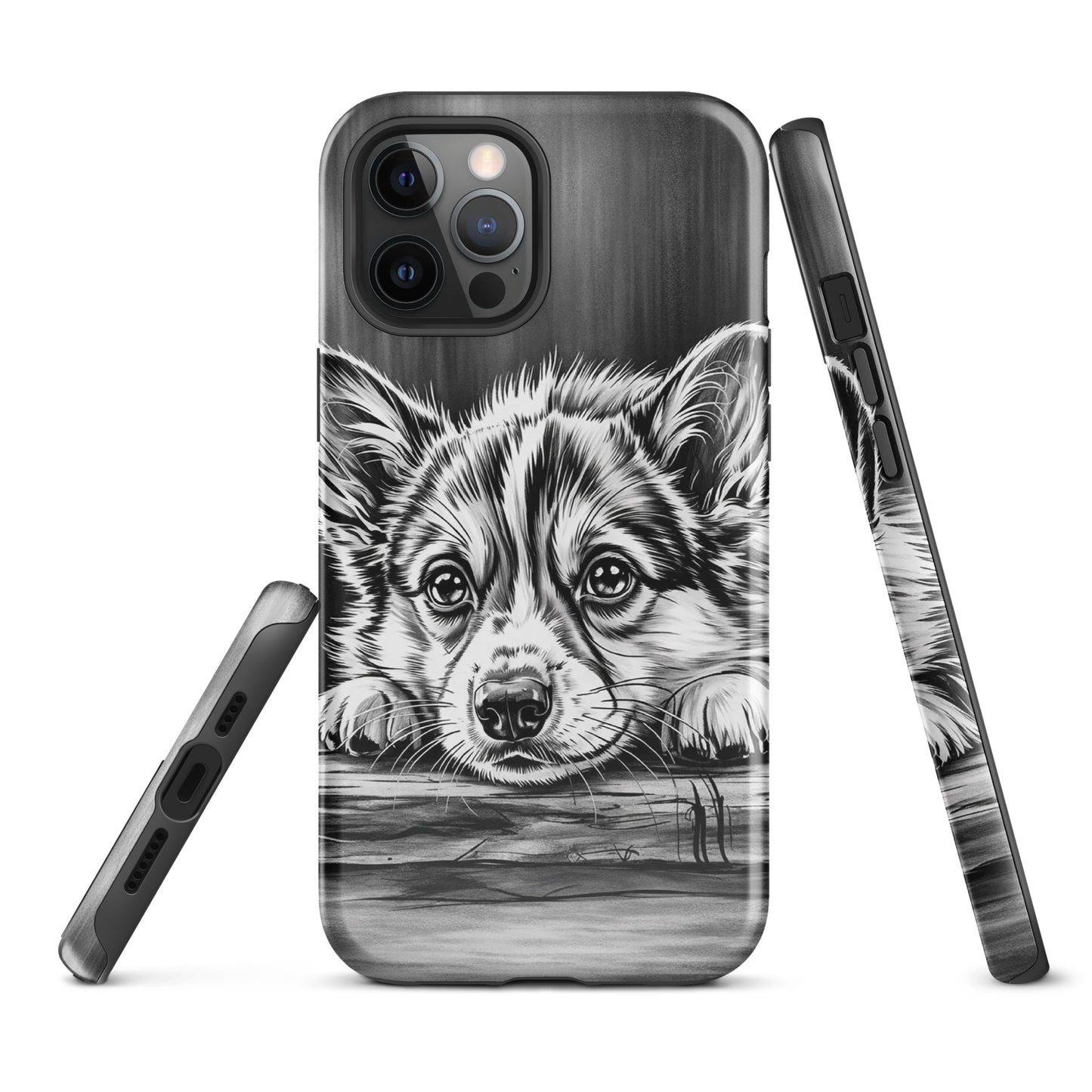 Phone Case with puppy illustration for iPhone, black-and-white artwork on wood texture background, elegant and protective design.