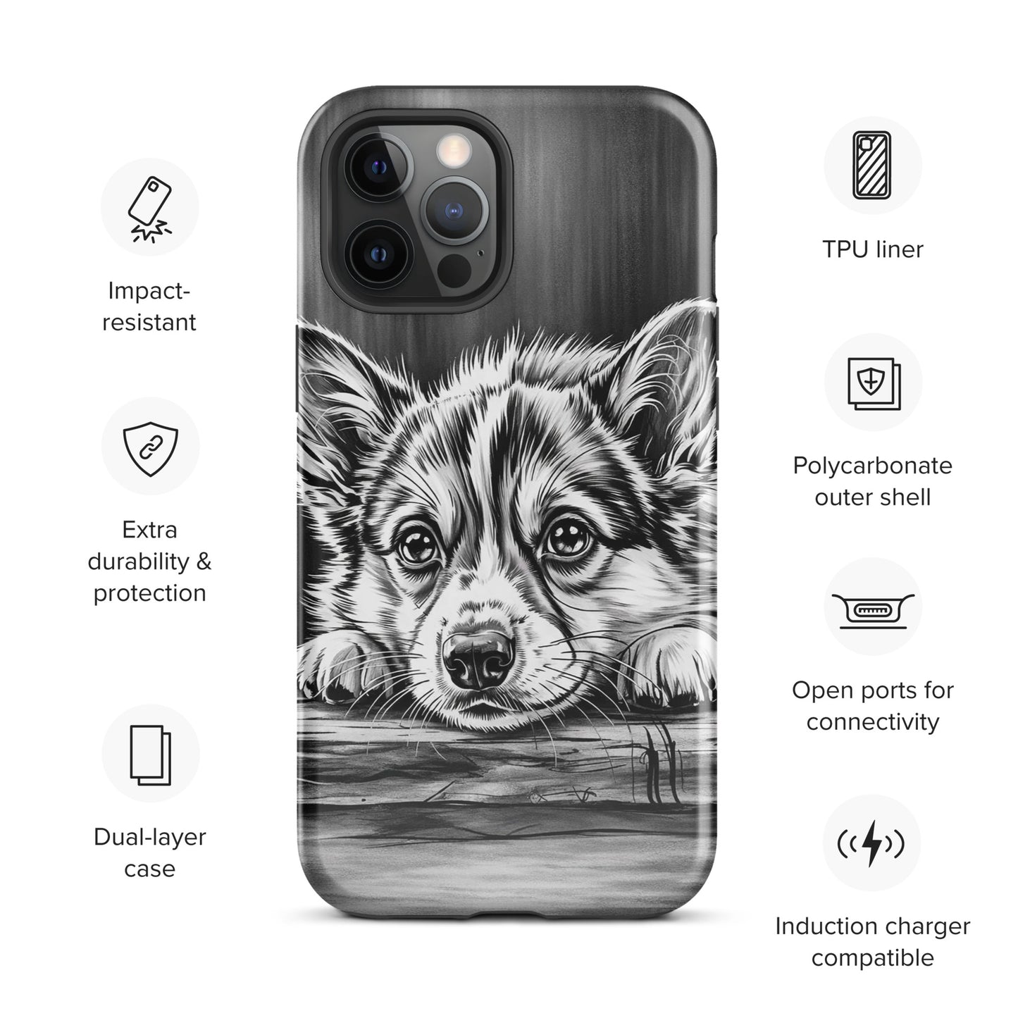 Phone Case for iPhone featuring elegant black-and-white puppy art, provides durability and protection, dual-layer design, induction charger compatible.