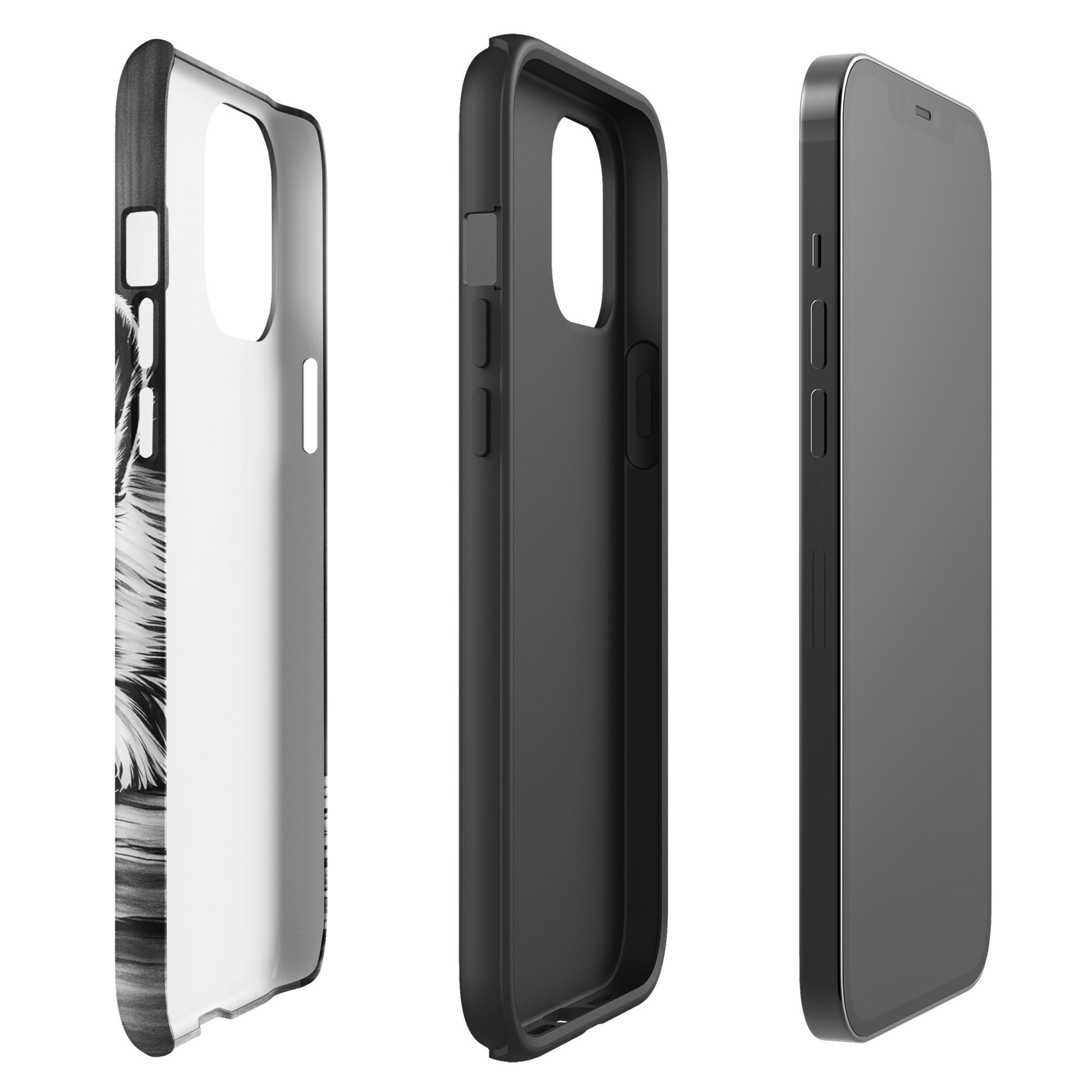Phone Case for iPhone with elegant black-and-white puppy art, showcasing artistic charm and premium protection on aged wood design.