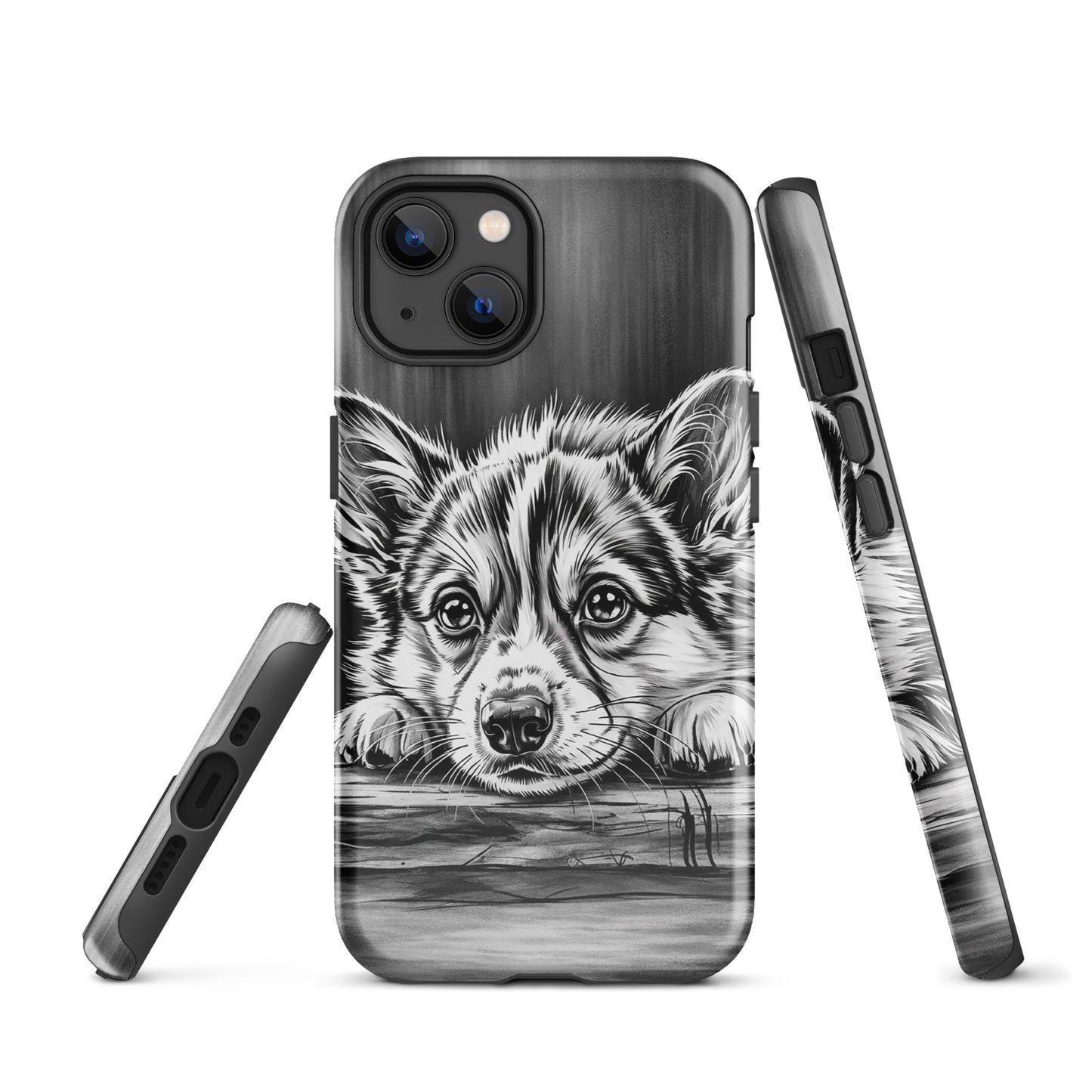 Phone Case featuring elegant puppy art in black and white, offering premium protection for iPhone with a gallery-style design.