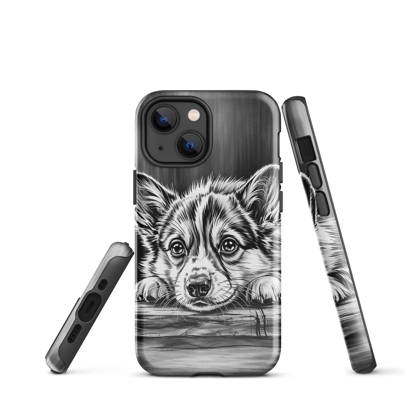 Elegant phone case for iPhone with black-and-white puppy art, combines luxury and protection.