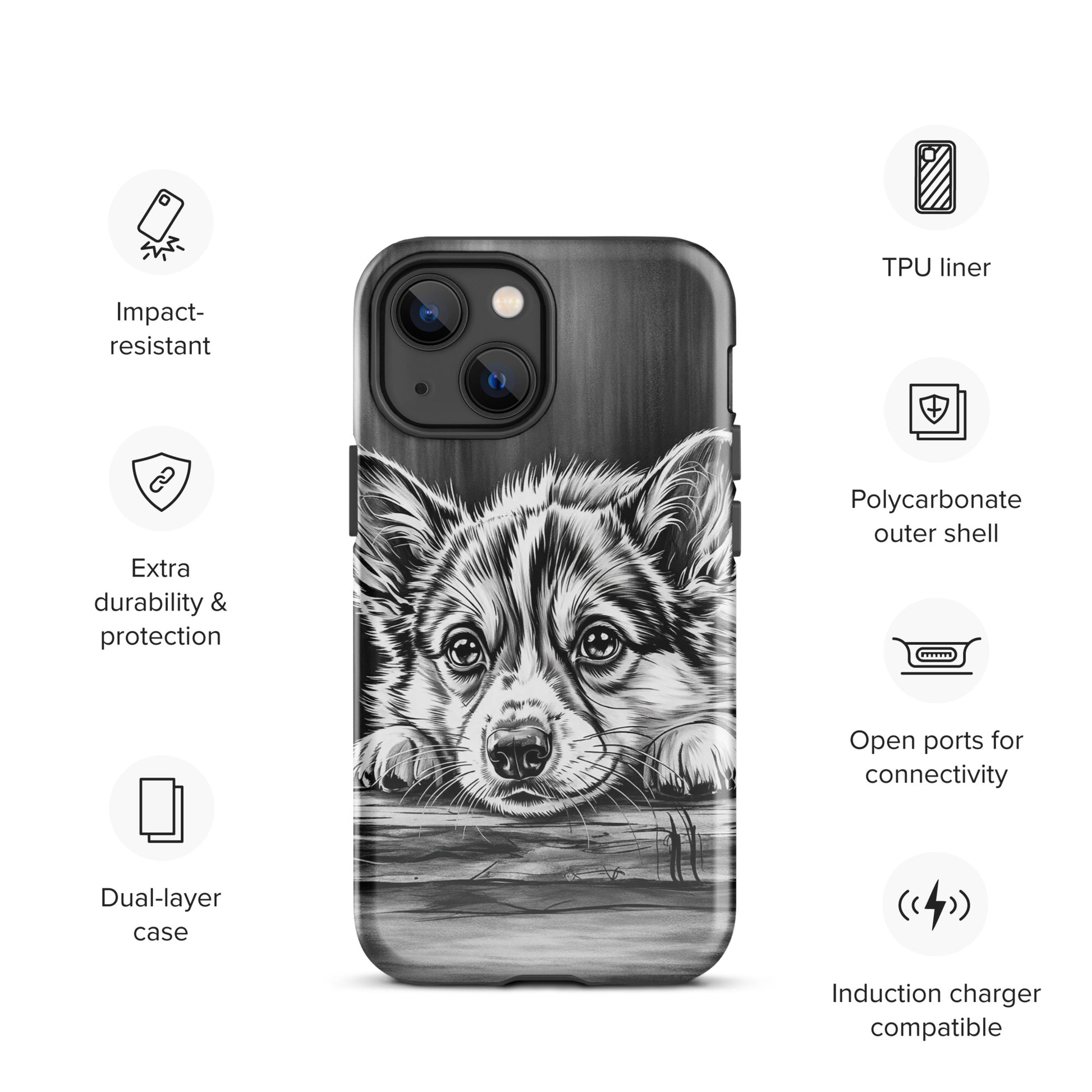 Phone Case featuring elegant puppy art on black-and-white illustration for iPhone, offers dual-layer protection and impact resistance.