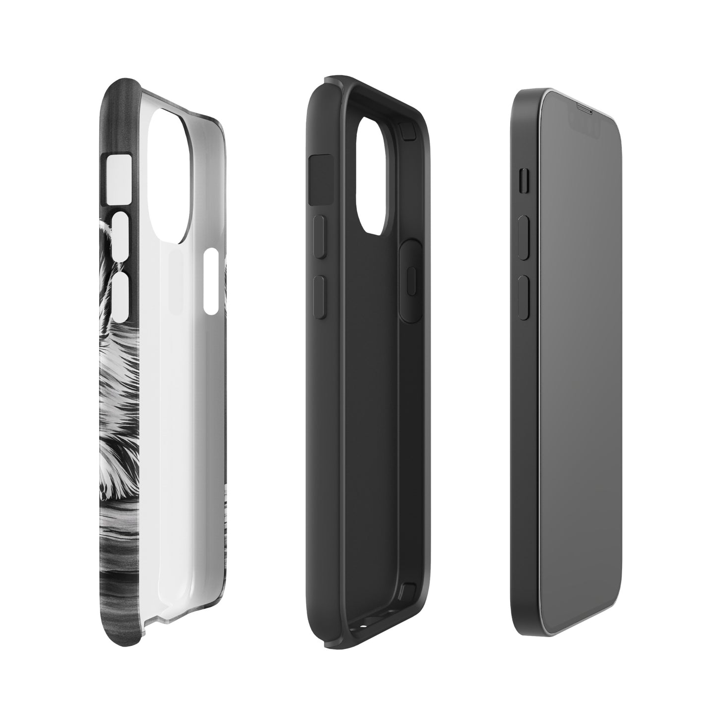 Phone Case for iPhone featuring elegant black-and-white puppy art and premium protective design in three angles.