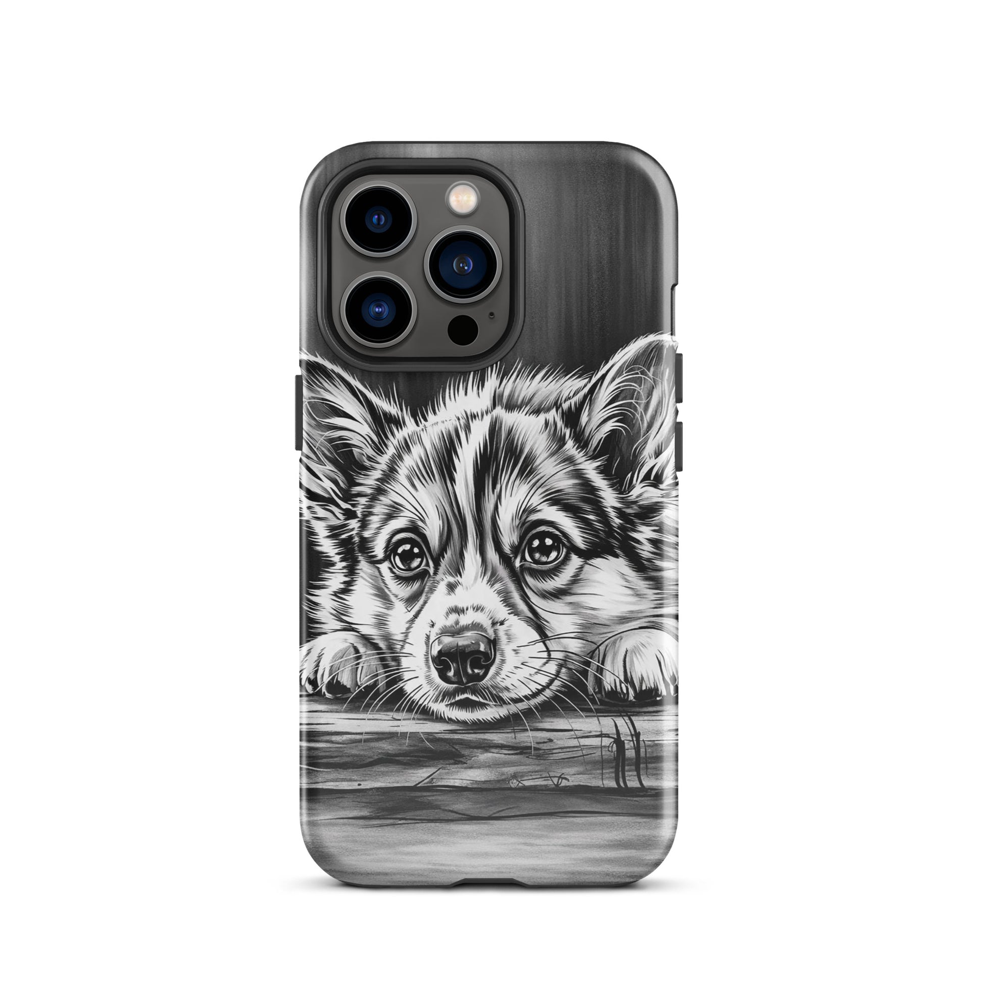 Phone Case for iPhone with elegant puppy art illustration on aged wood background, offering luxury and protection.