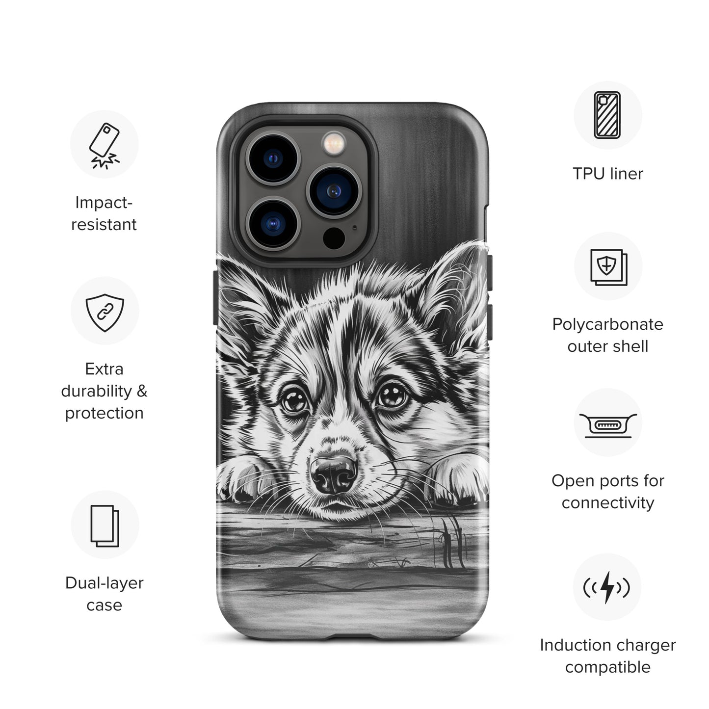 Phone Case for iPhone with elegant puppy illustration and durable design, featuring a black-and-white dog resting on wood for stylish protection.