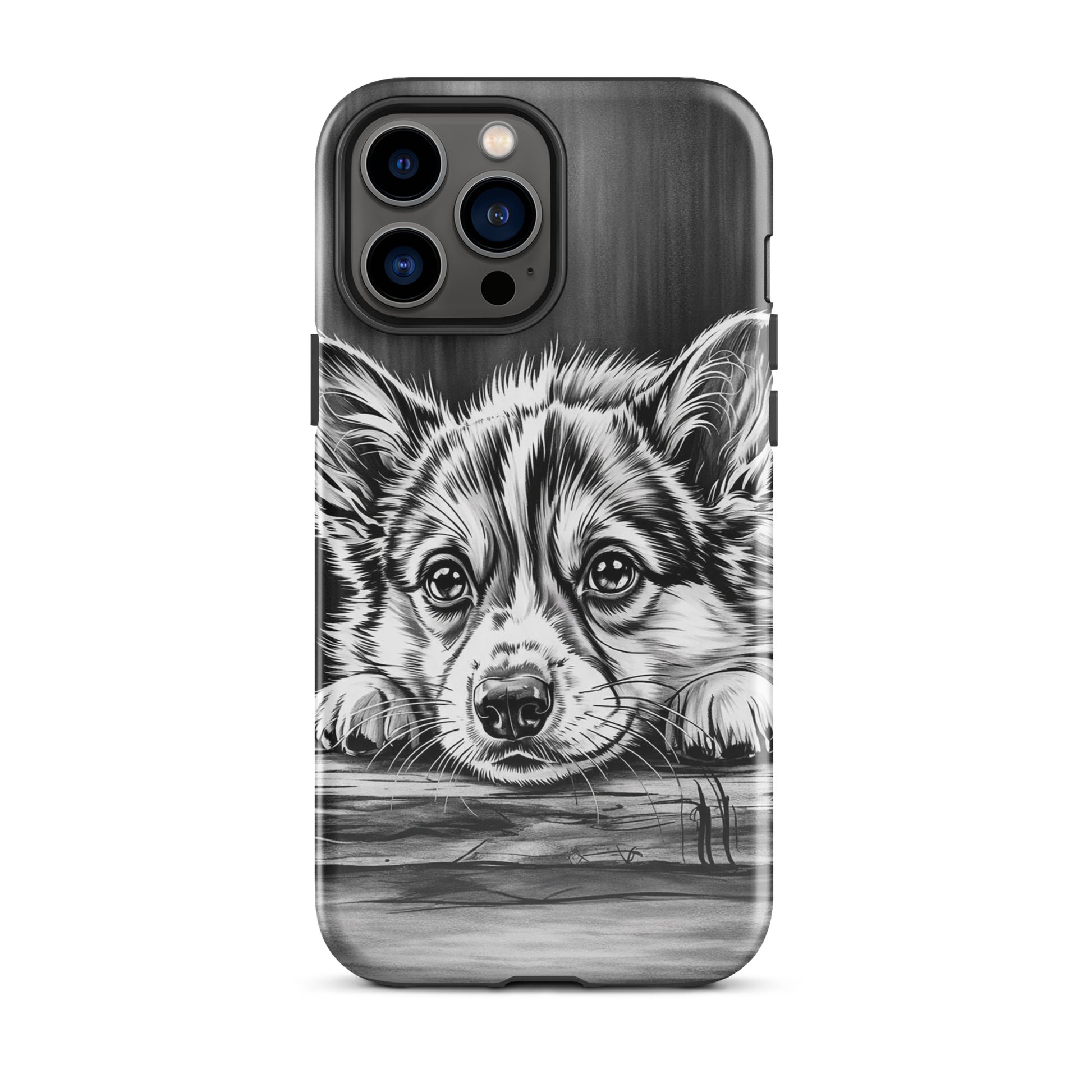 Phone Case for iPhone with elegant black-and-white puppy art illustration, offering luxury and premium protection with a refined design.