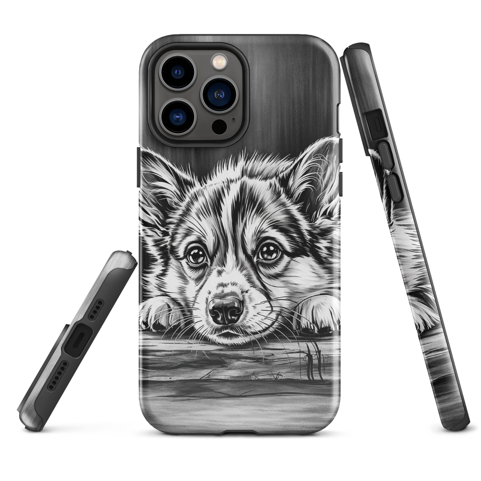 Phone Case with elegant puppy art illustration on black-and-white iPhone cover showcasing luxury and protection.