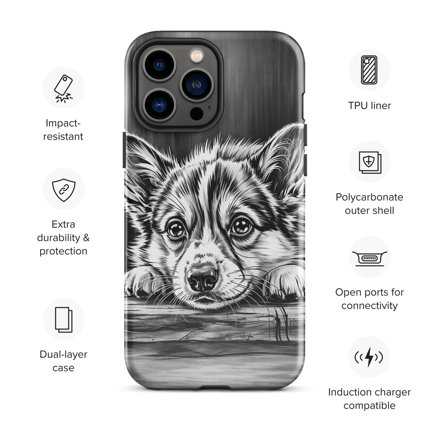 Phone Case featuring elegant puppy art, black-and-white illustration of puppy on wood; luxury design with premium protection for iPhone