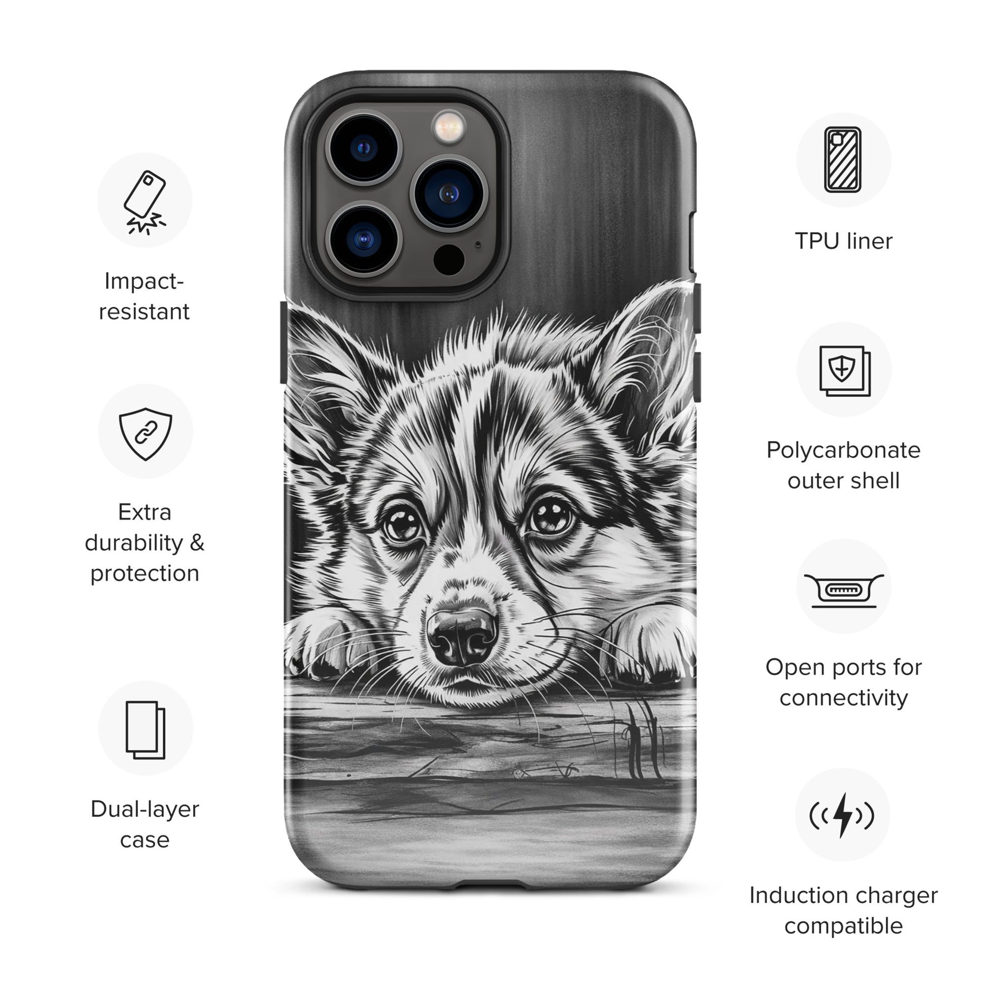 Phone Case featuring elegant puppy art, black-and-white illustration of puppy on wood; luxury design with premium protection for iPhone