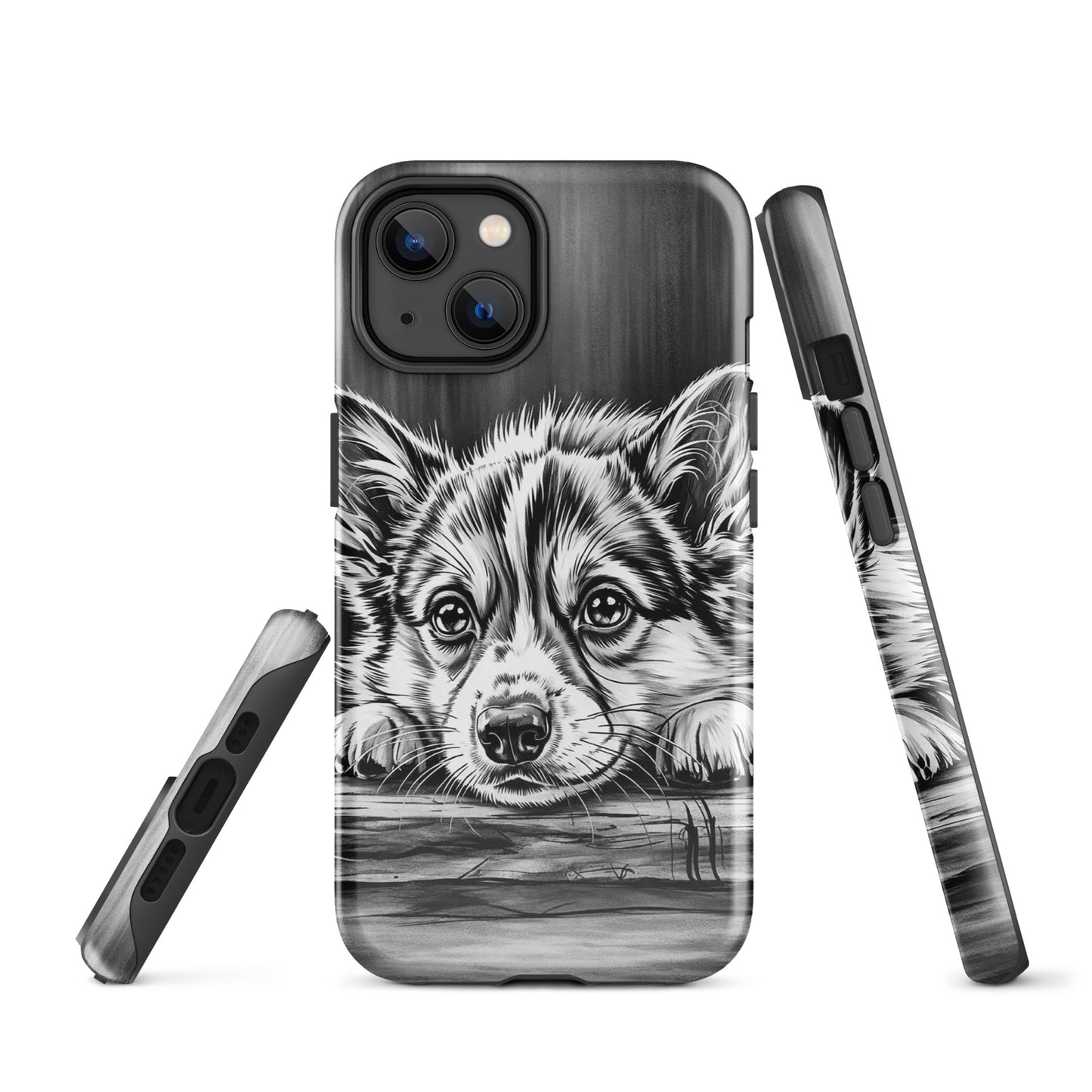 Elegant Phone Case for iPhone with black-and-white puppy art and premium protection.