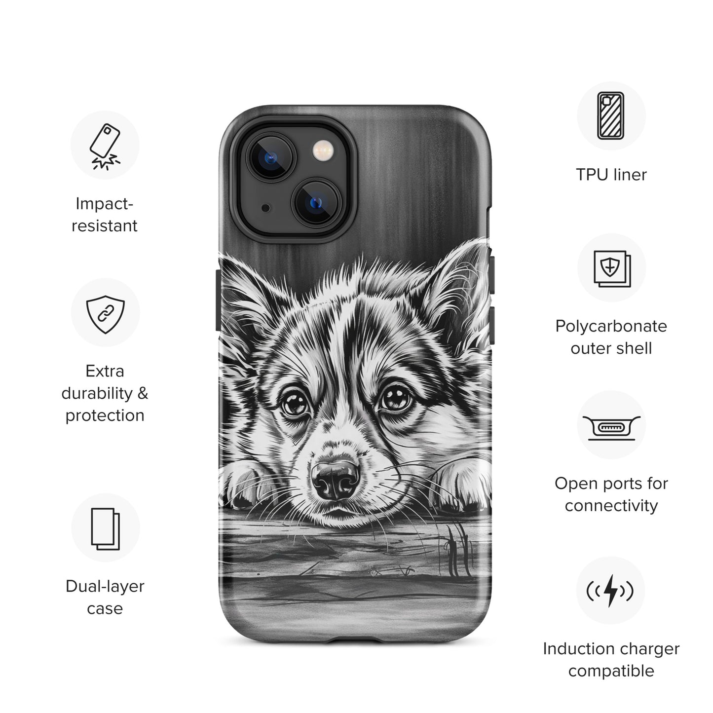 Phone Case with elegant puppy art on iPhone, featuring impact-resistant design and premium protection