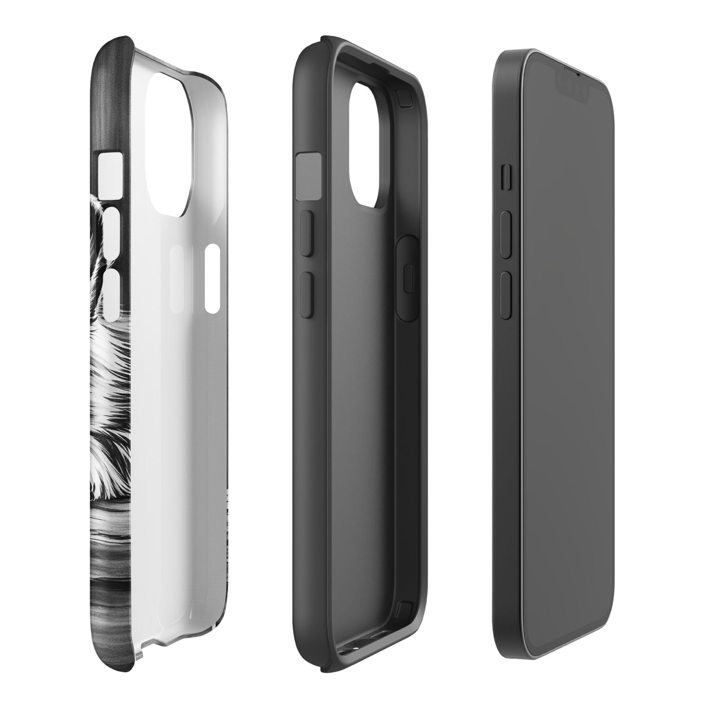 Phone Case for iPhone with elegant black-and-white puppy art, showcasing detailed side and front views, emphasizing premium protection.