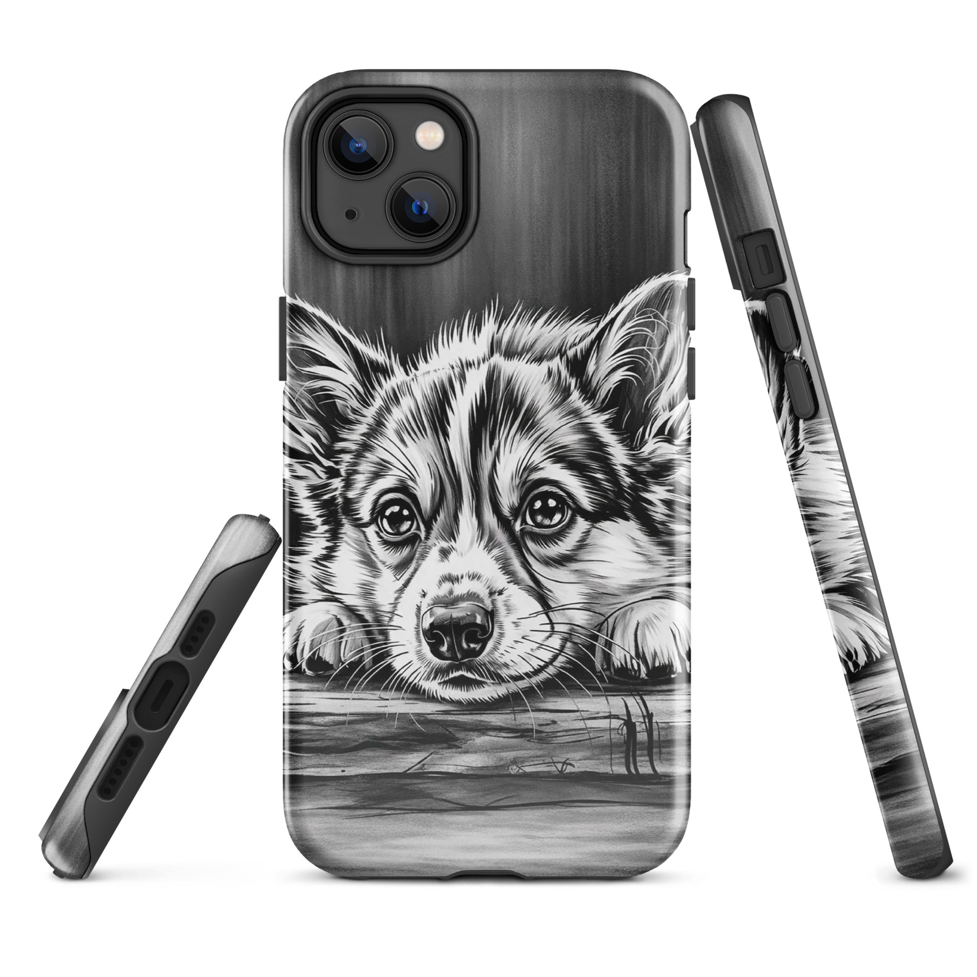 Phone Case featuring elegant puppy art, black-and-white illustration on wood, iPhone protection, artistic and playful design