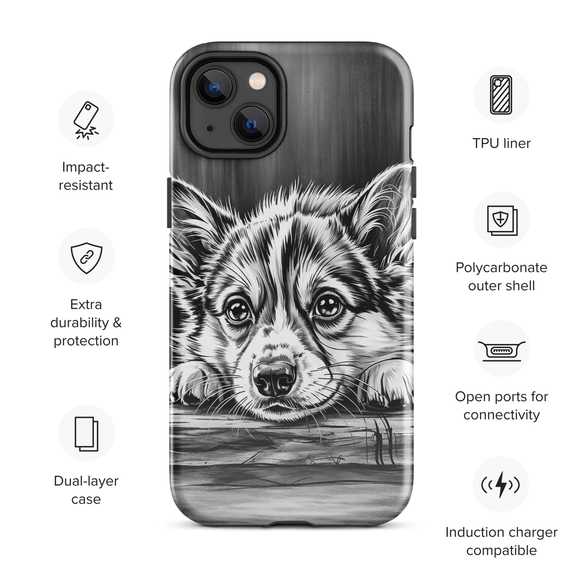Phone Case for iPhone with elegant puppy art, featuring a black-and-white illustration of a puppy for a stylish and protective design.