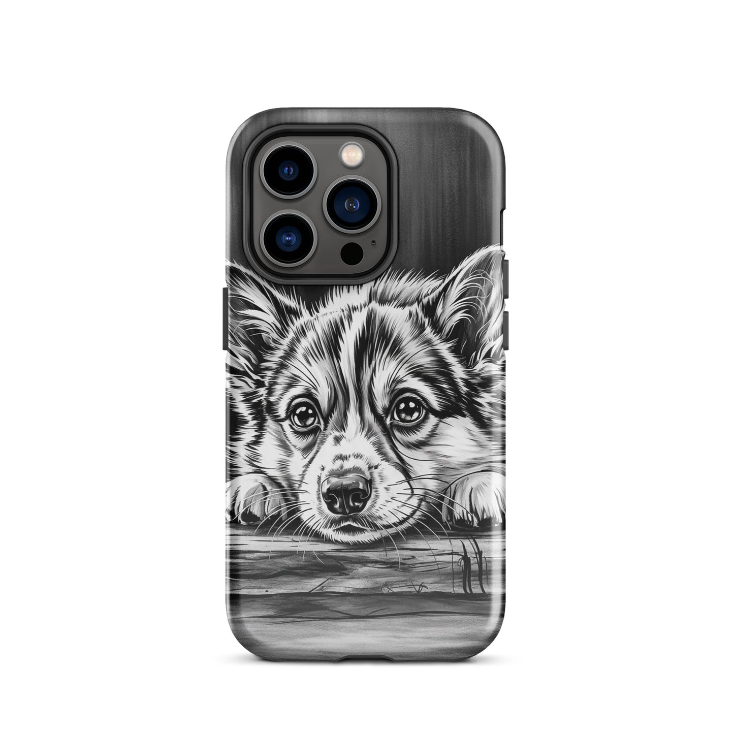 Phone Case for iPhone featuring elegant puppy art in black and white illustration on aged wood, offering premium protection and style.