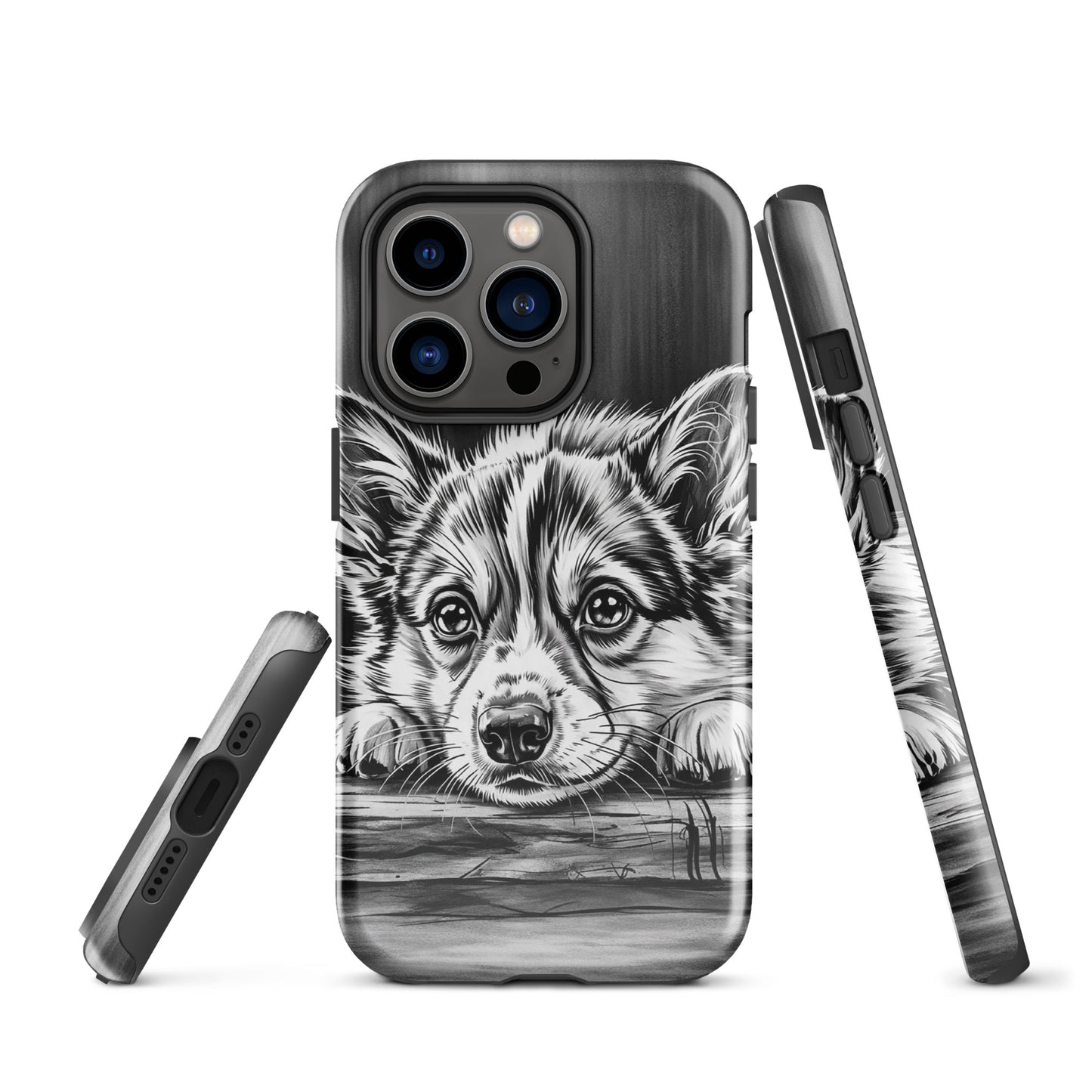 Phone Case for iPhone with elegant puppy art illustration in monochrome, offering premium protection and style.