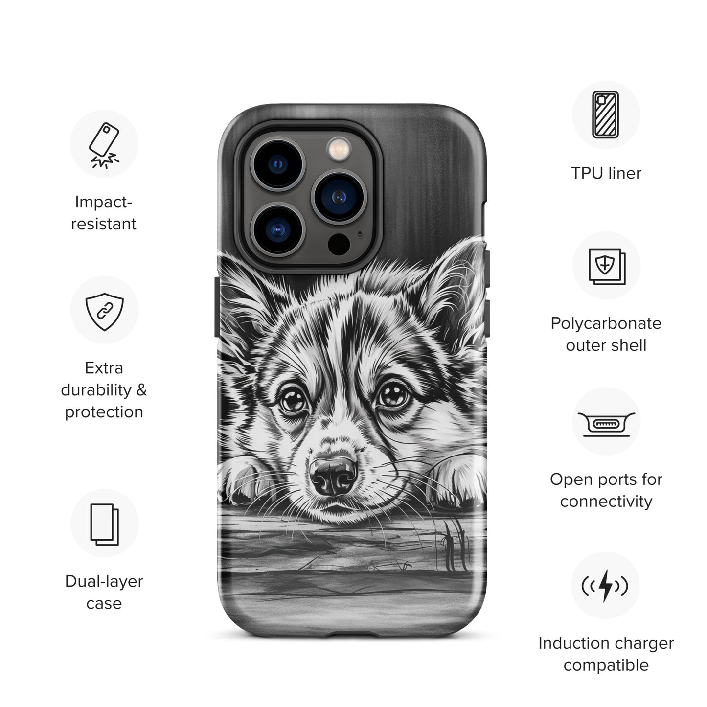 Phone Case featuring puppy art for iPhone, elegant black-and-white design with durability and refined, gallery-style look.
