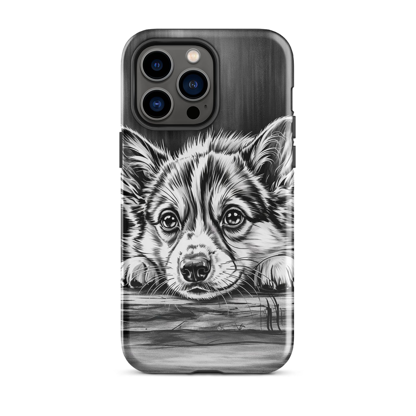 Phone Case featuring black-and-white puppy art on wood, elegant iPhone protection, artistic and stylish monochrome design.