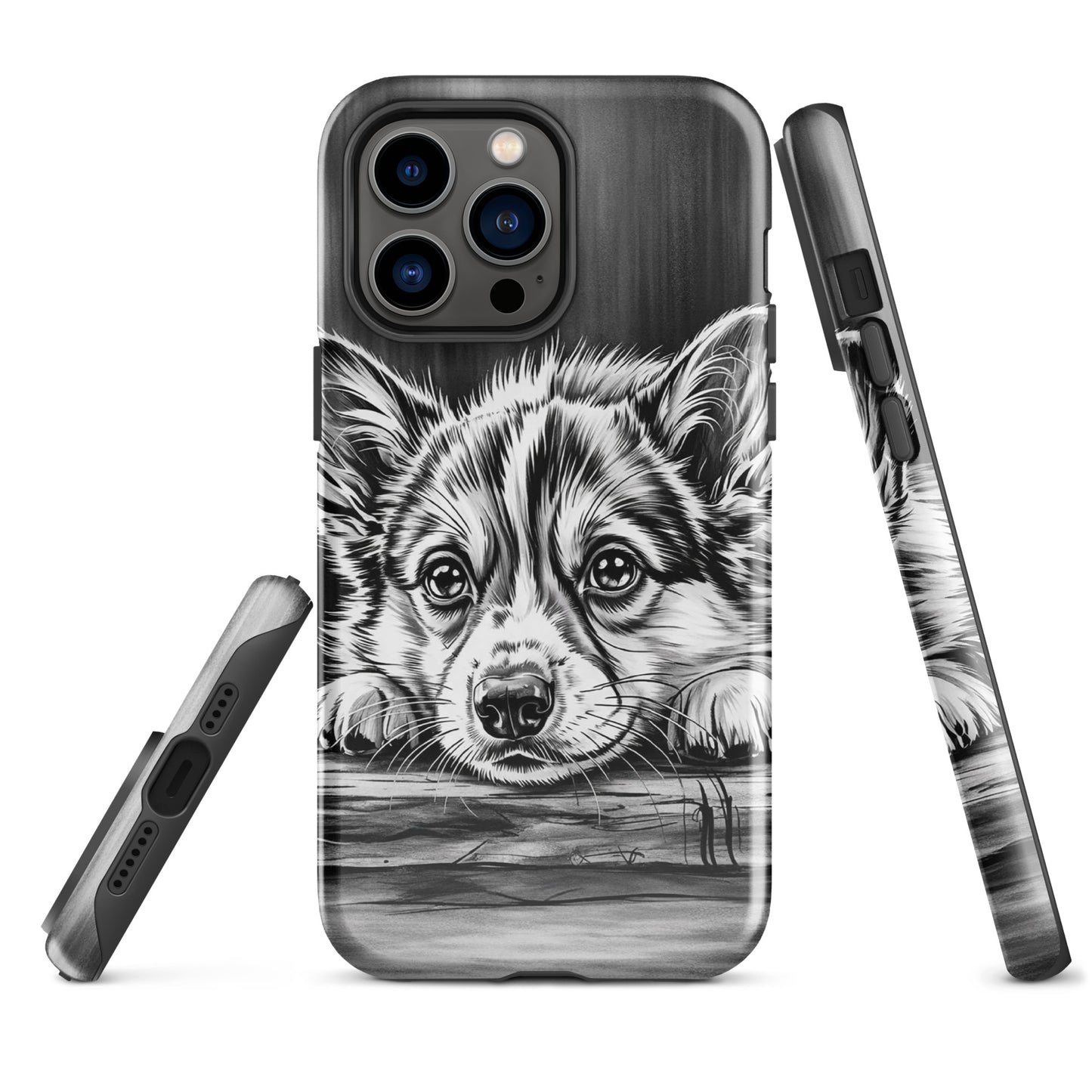 Phone Case for iPhone with elegant puppy art in black and white, offering luxury and protection with a charming dog resting on aged wood.