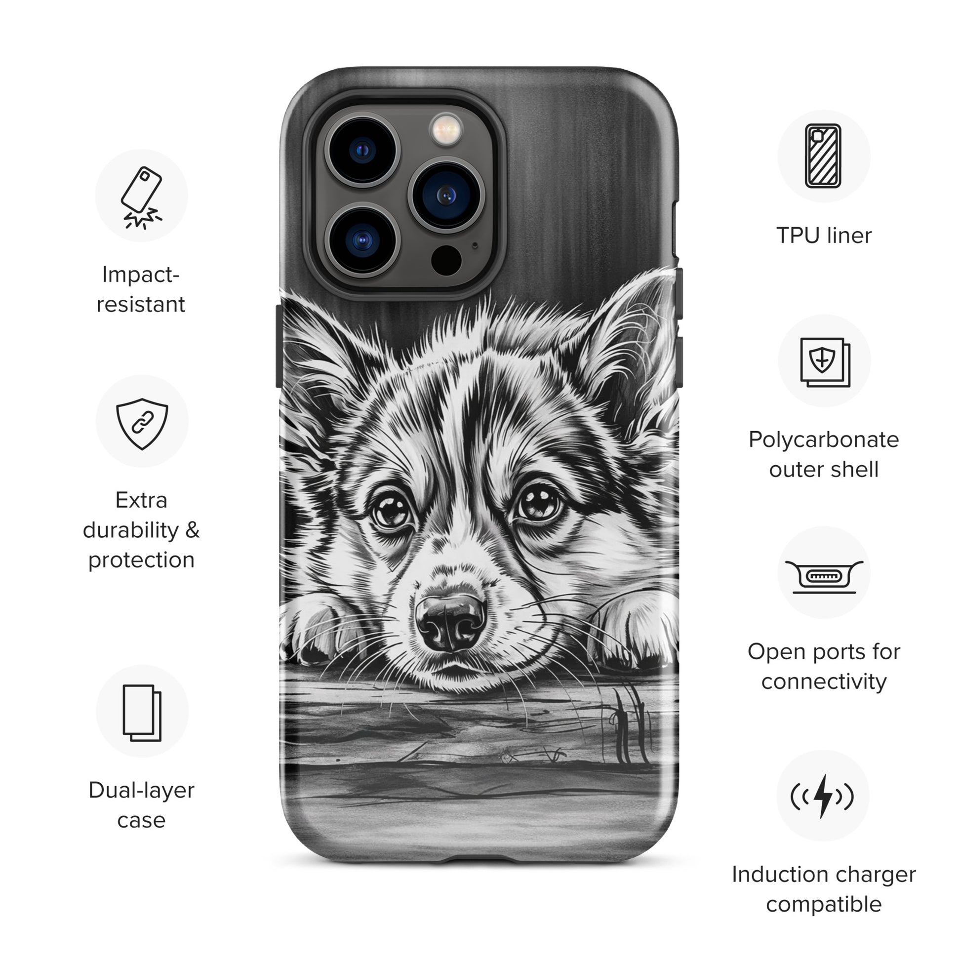 Phone Case for iPhone featuring black-and-white puppy illustration on wood background, offering elegant protection and artistic charm.