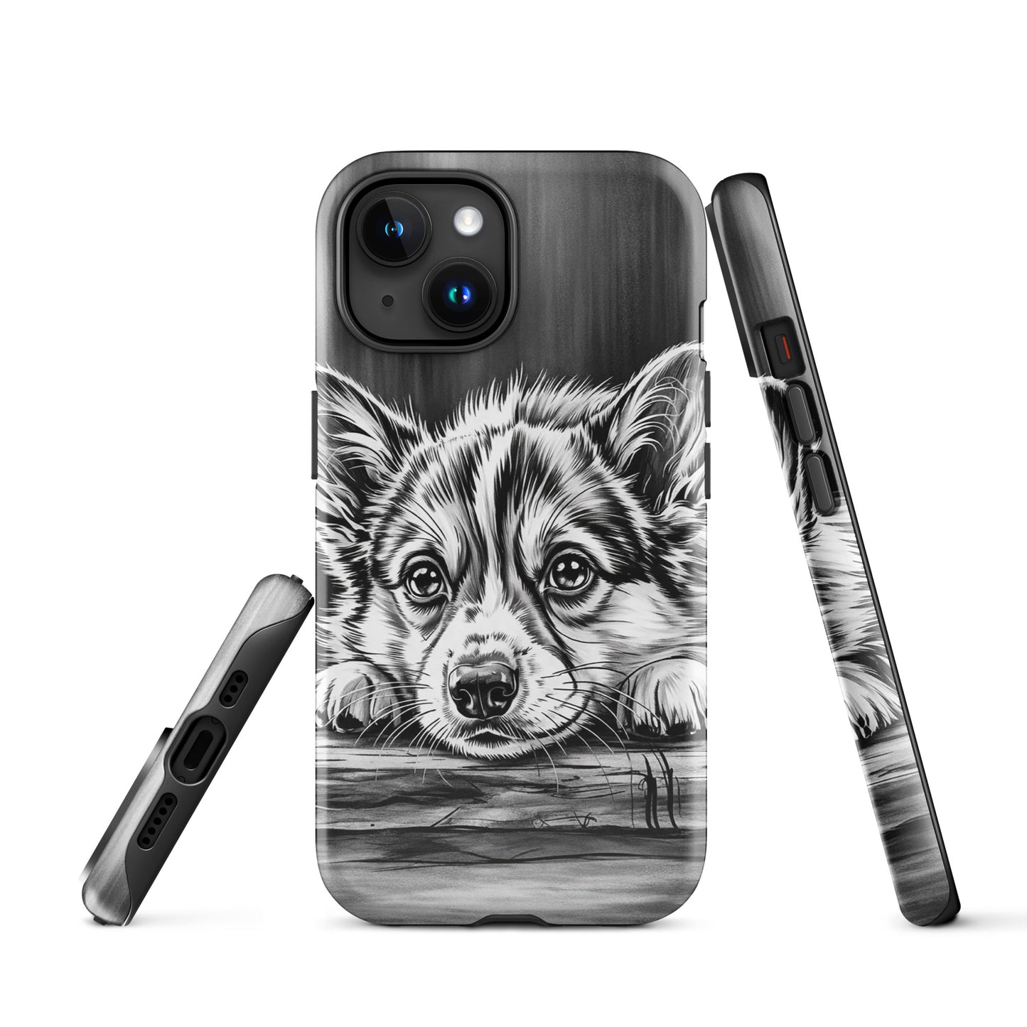 Phone Case for iPhone with black-and-white puppy illustration on wooden background