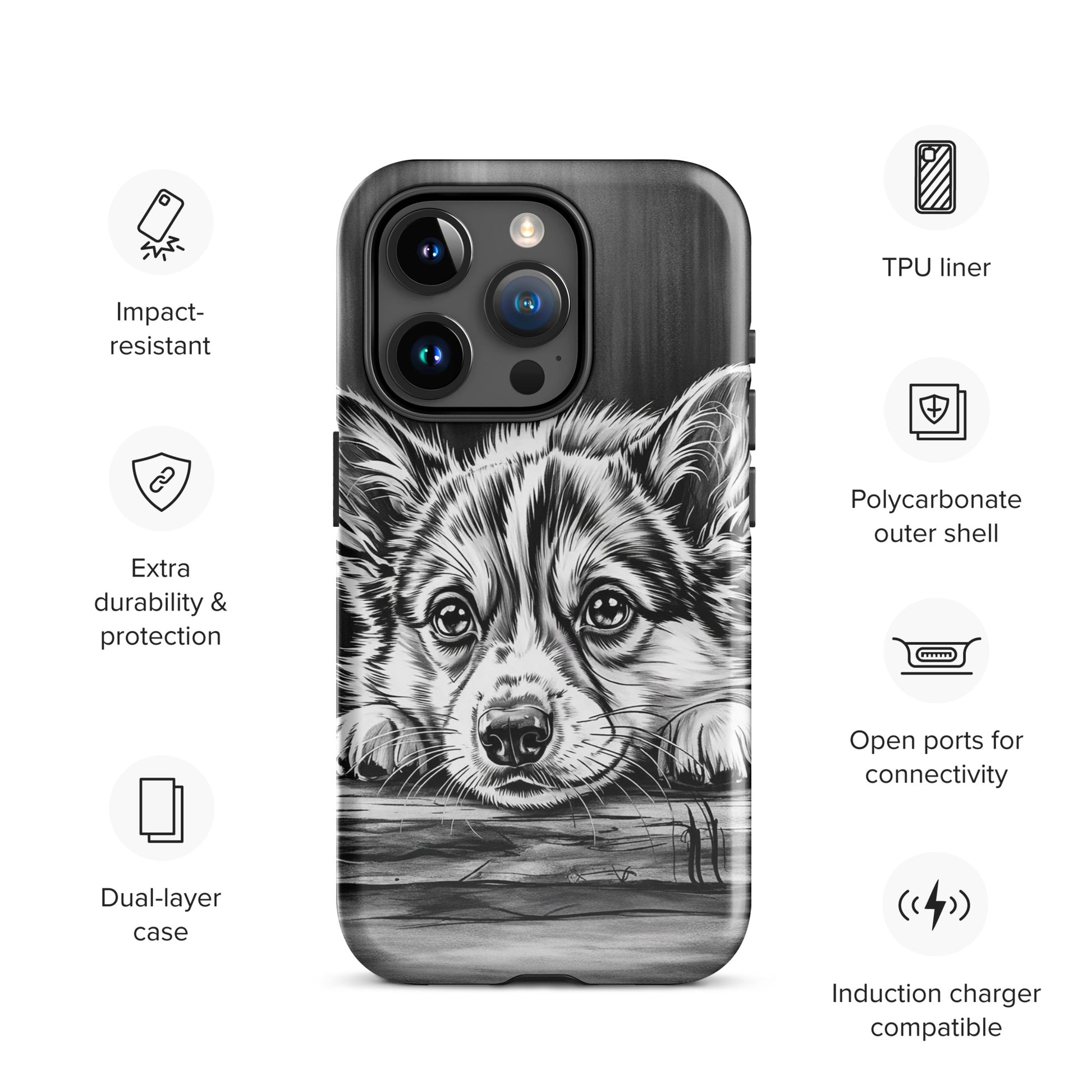 Phone Case for iPhone with elegant puppy artwork, featuring black and white illustration on a protective, luxury design.