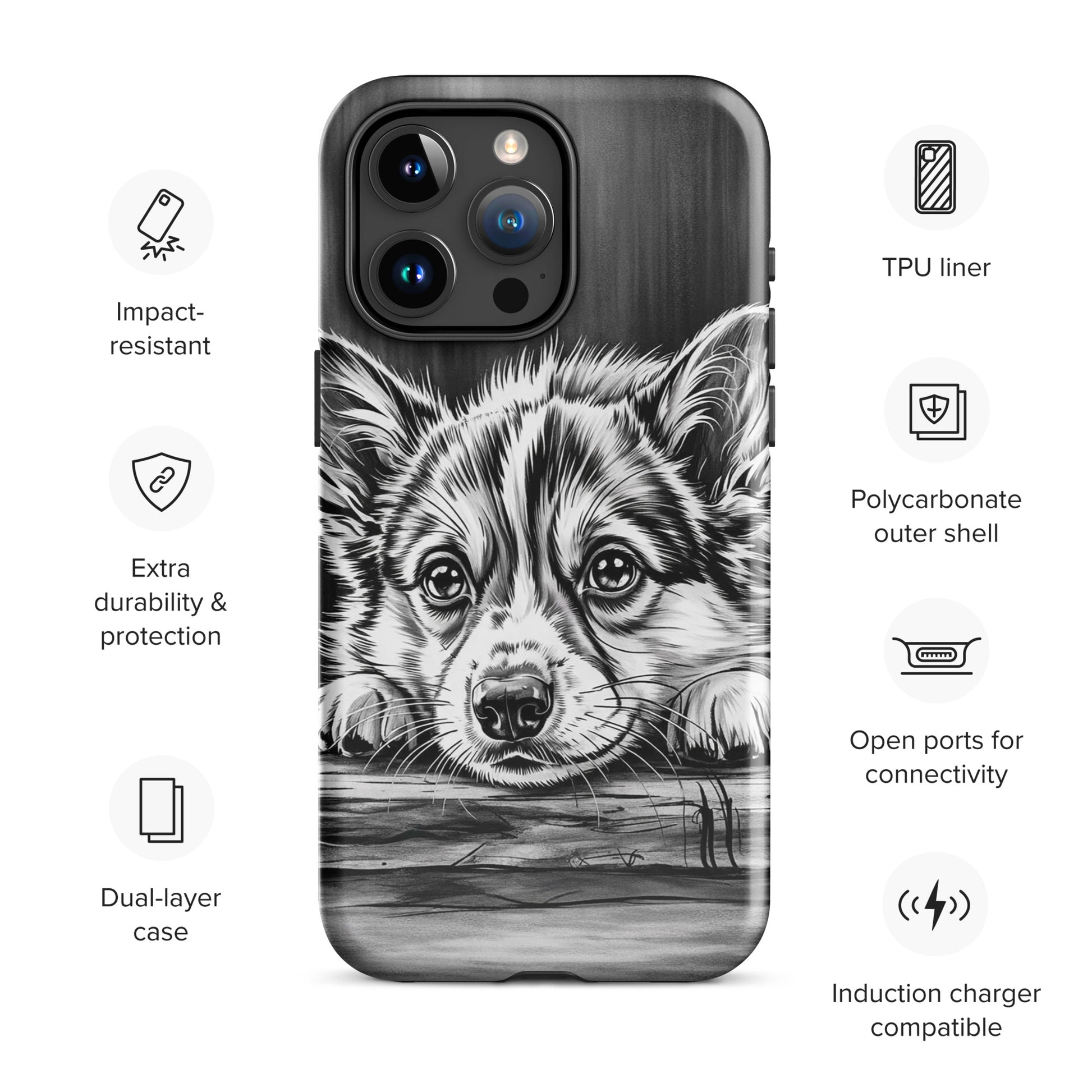Phone Case for iPhone with puppy art illustration on wood background and protective features like TPU liner and dual-layer design.