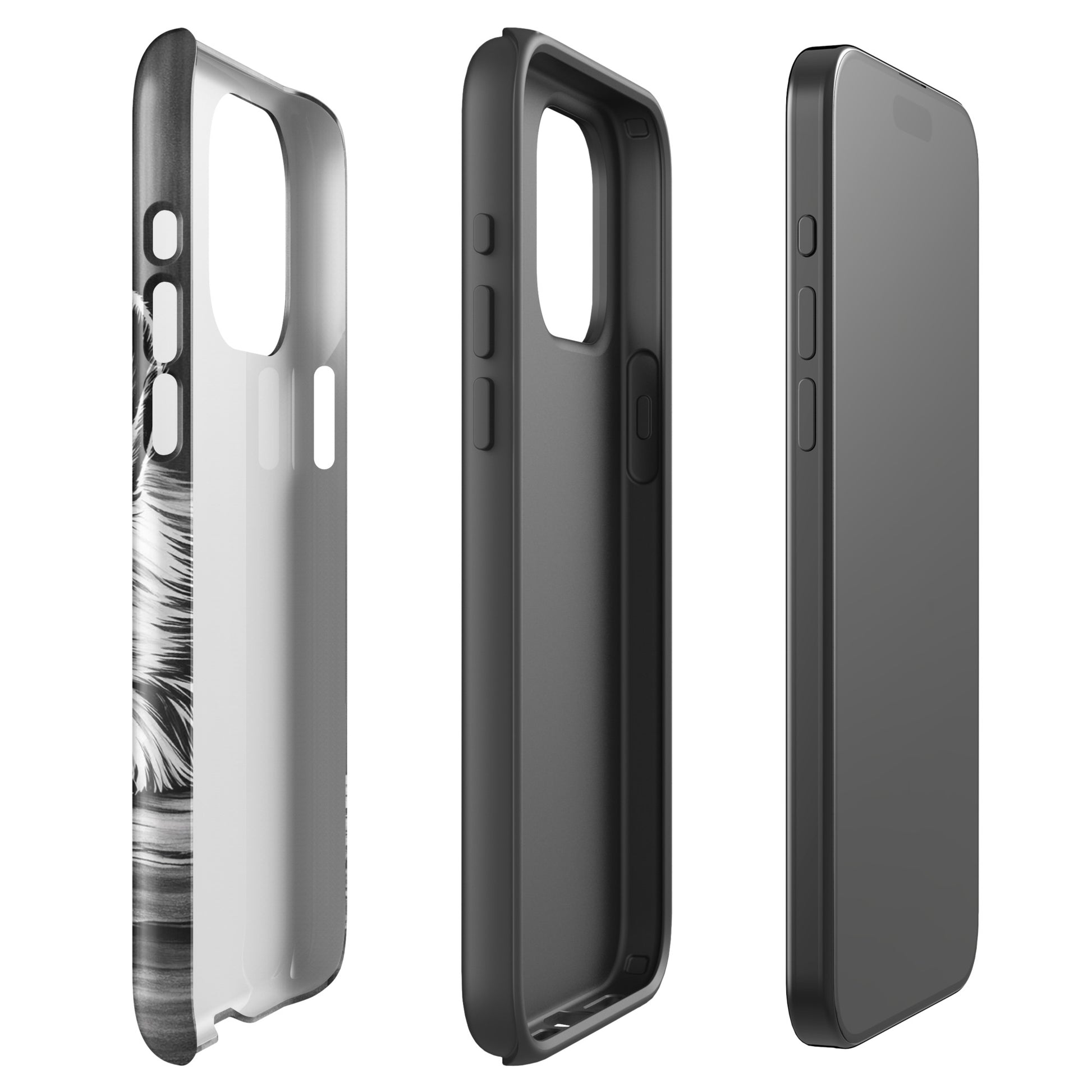 Phone Case for iPhone with elegant black-and-white puppy illustration, showcasing premium protection and luxury design in artful style.