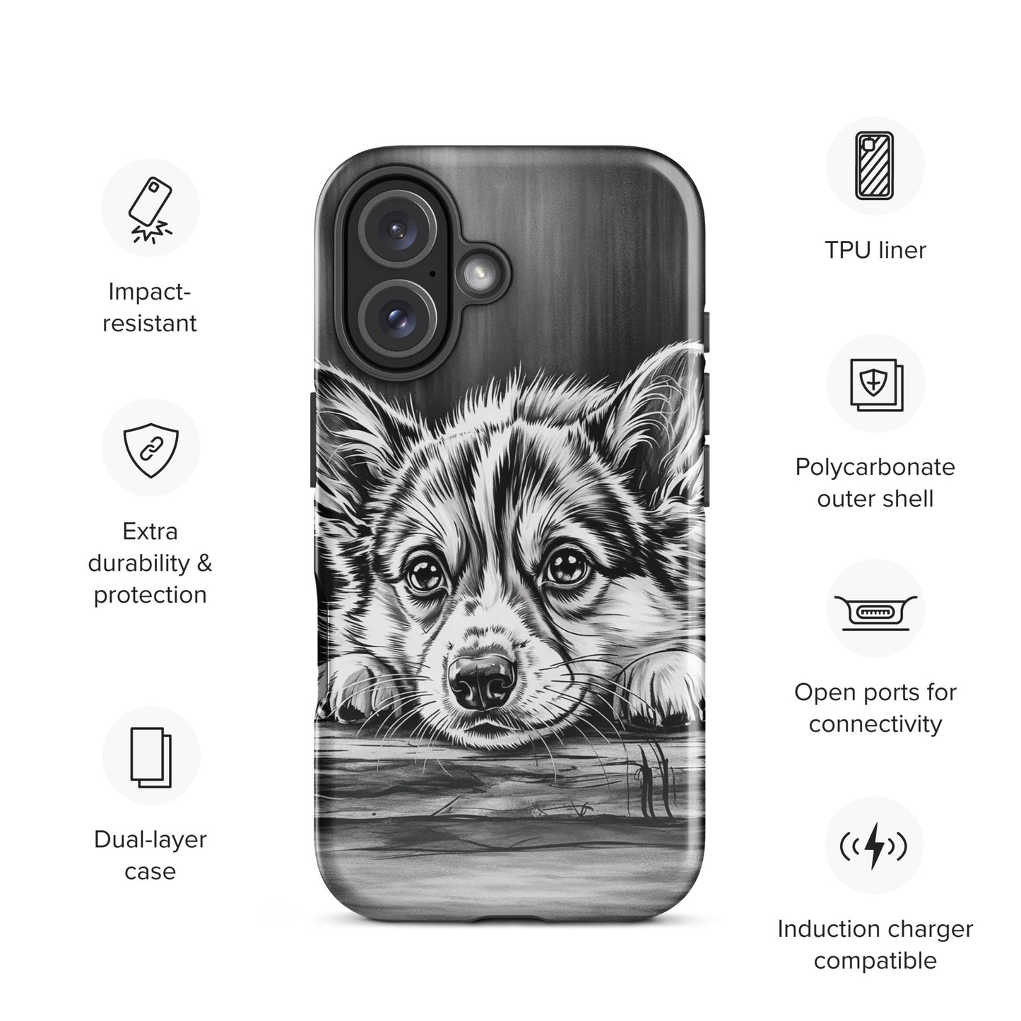 Phone Case for iPhone with elegant puppy art in black-and-white, featuring TPU liner and polycarbonate shell for durability and style.