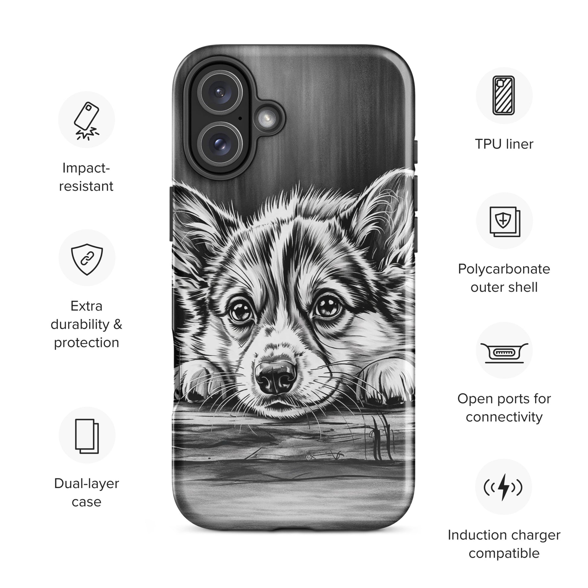 Phone Case for iPhone with elegant puppy art, featuring black-and-white illustration, aged wood texture, and premium protection features.