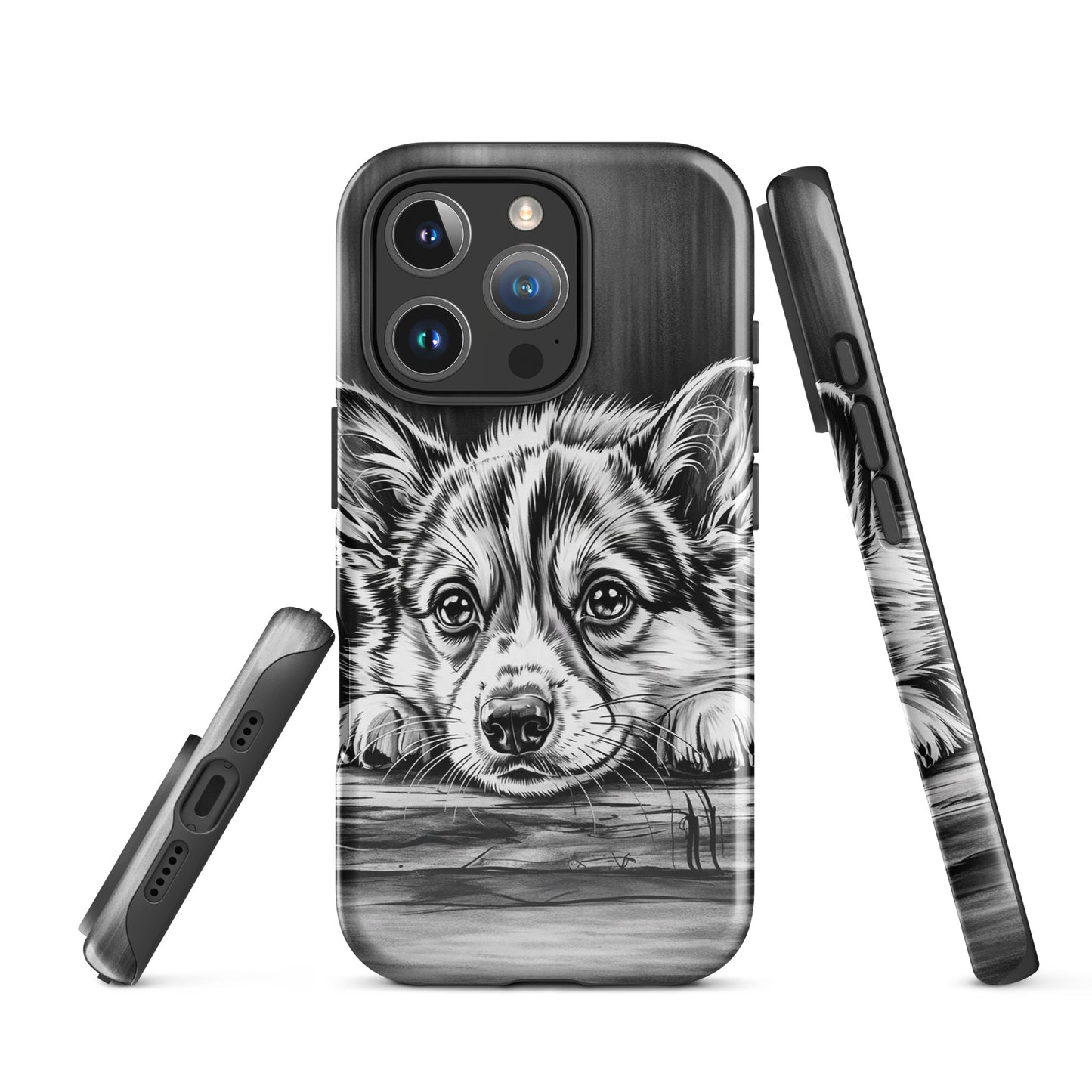 Phone Case with elegant puppy art, featuring black-and-white illustration of a puppy on aged wood, offering luxury and protection.