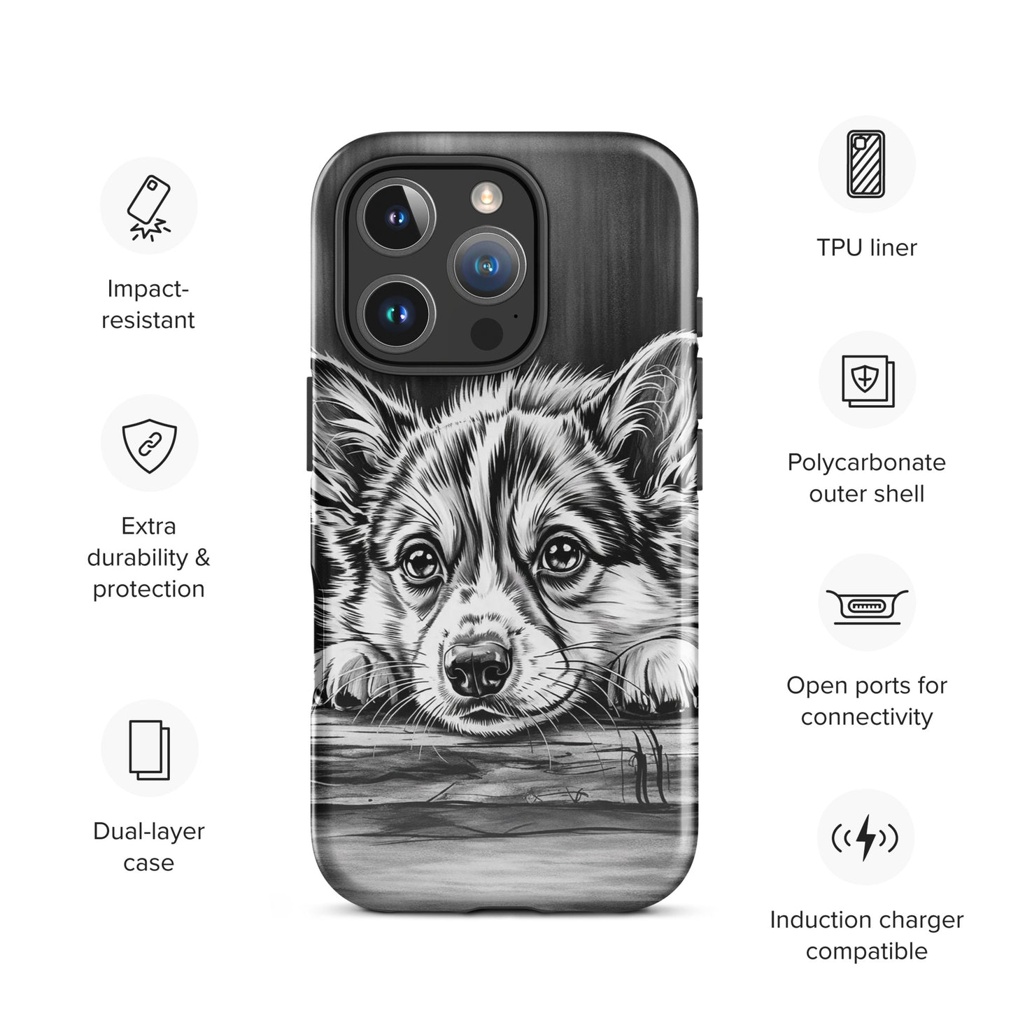 Phone Case for iPhone with elegant puppy art illustration on wood texture, offering premium protection and durability.
