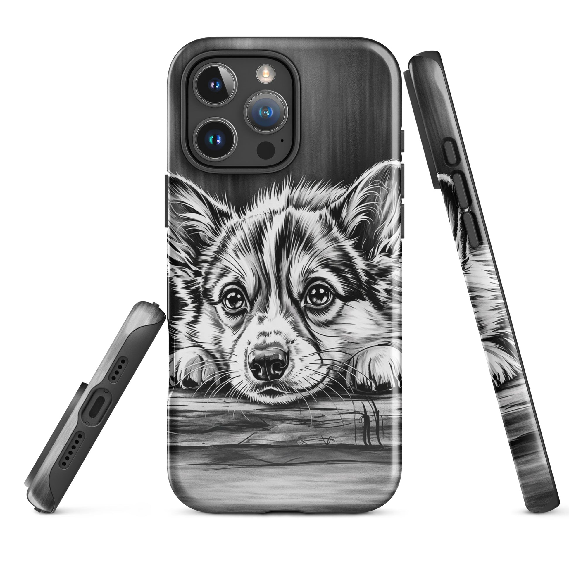 Phone Case for iPhone with elegant puppy art, black and white puppy illustration, premium protective design, creative accessory