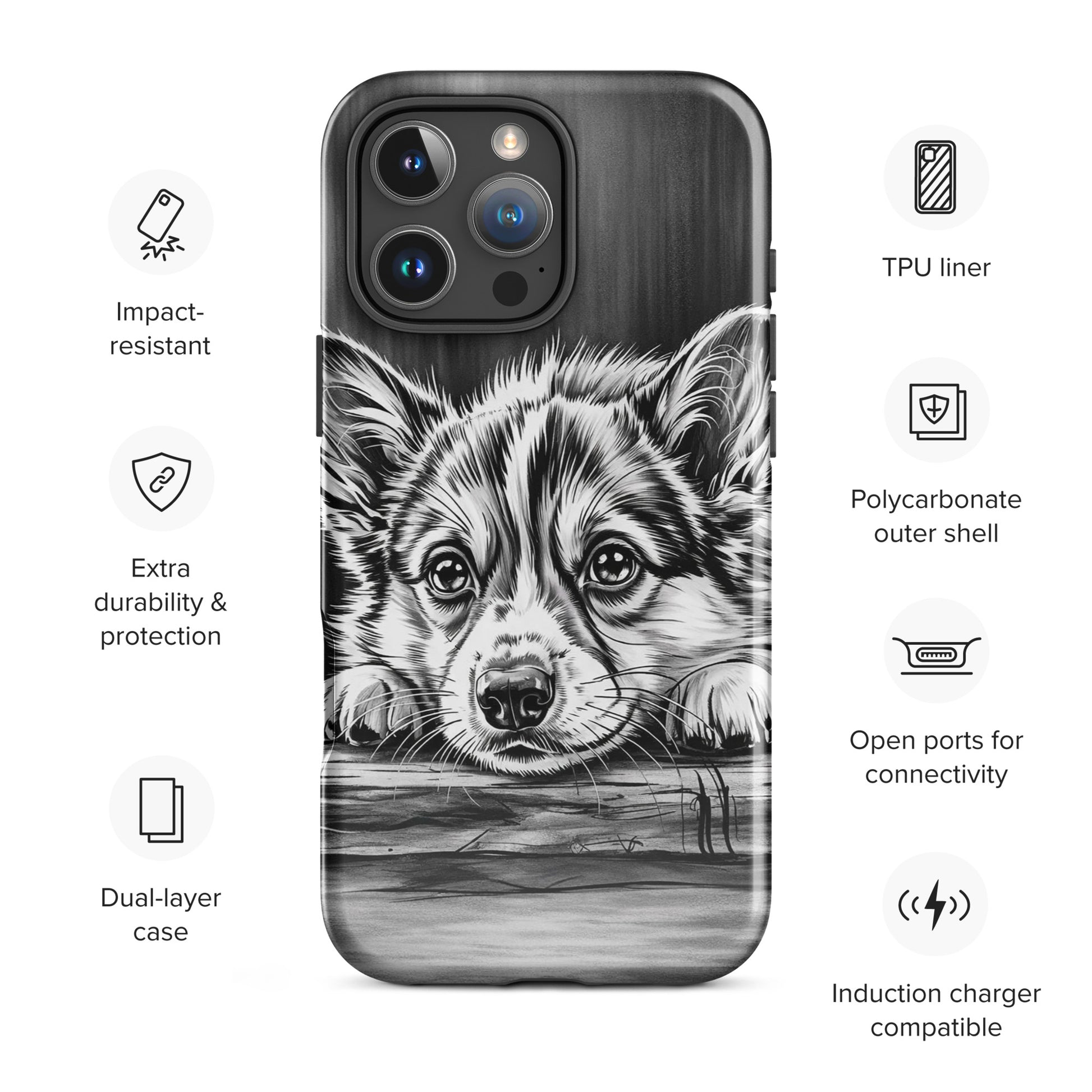 Phone Case for iPhone with elegant puppy art, featuring a detailed black-and-white puppy illustration on wood; premium protection design.