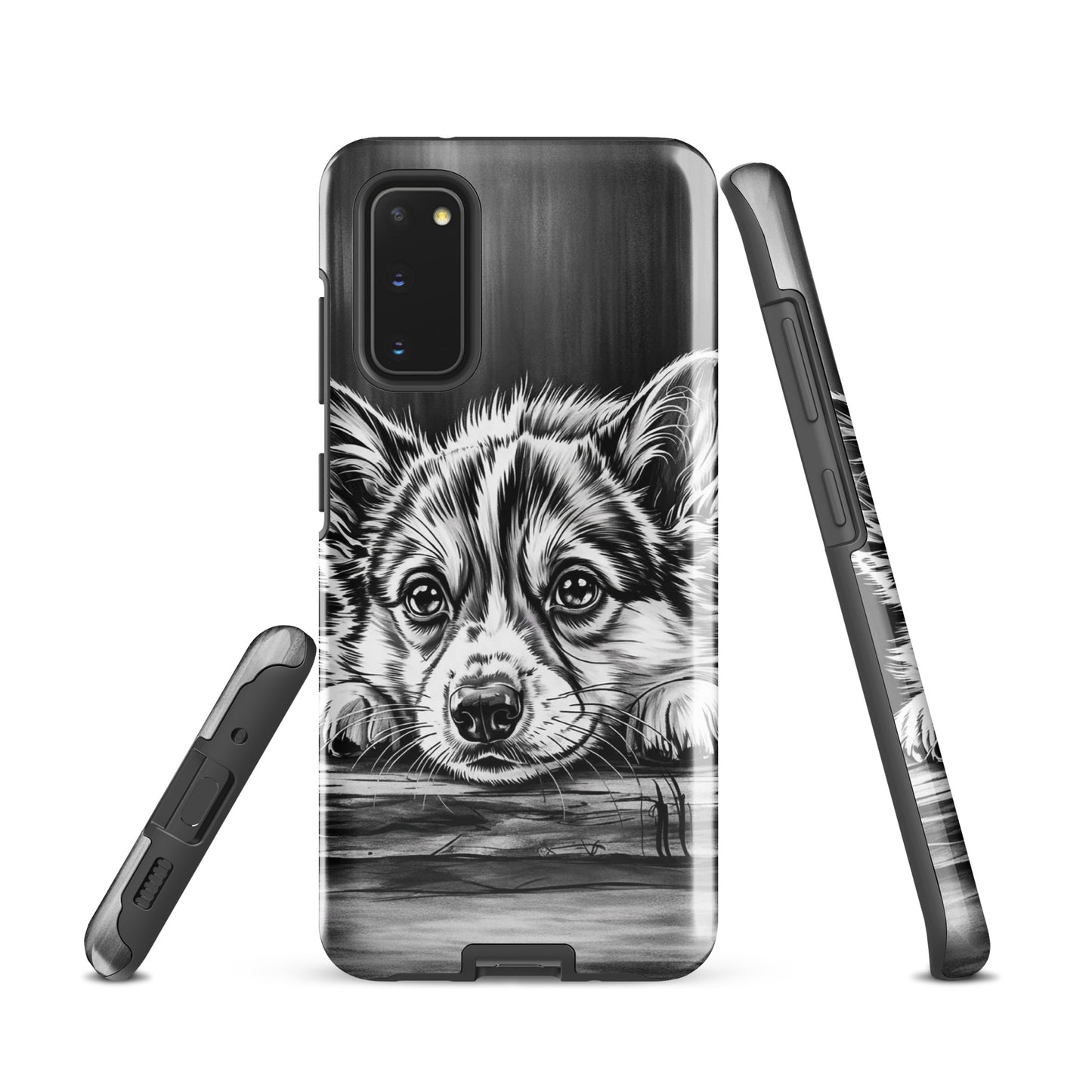 Phone Case for Samsung Galaxy with elegant puppy art in black and white illustration, providing premium protection and style.