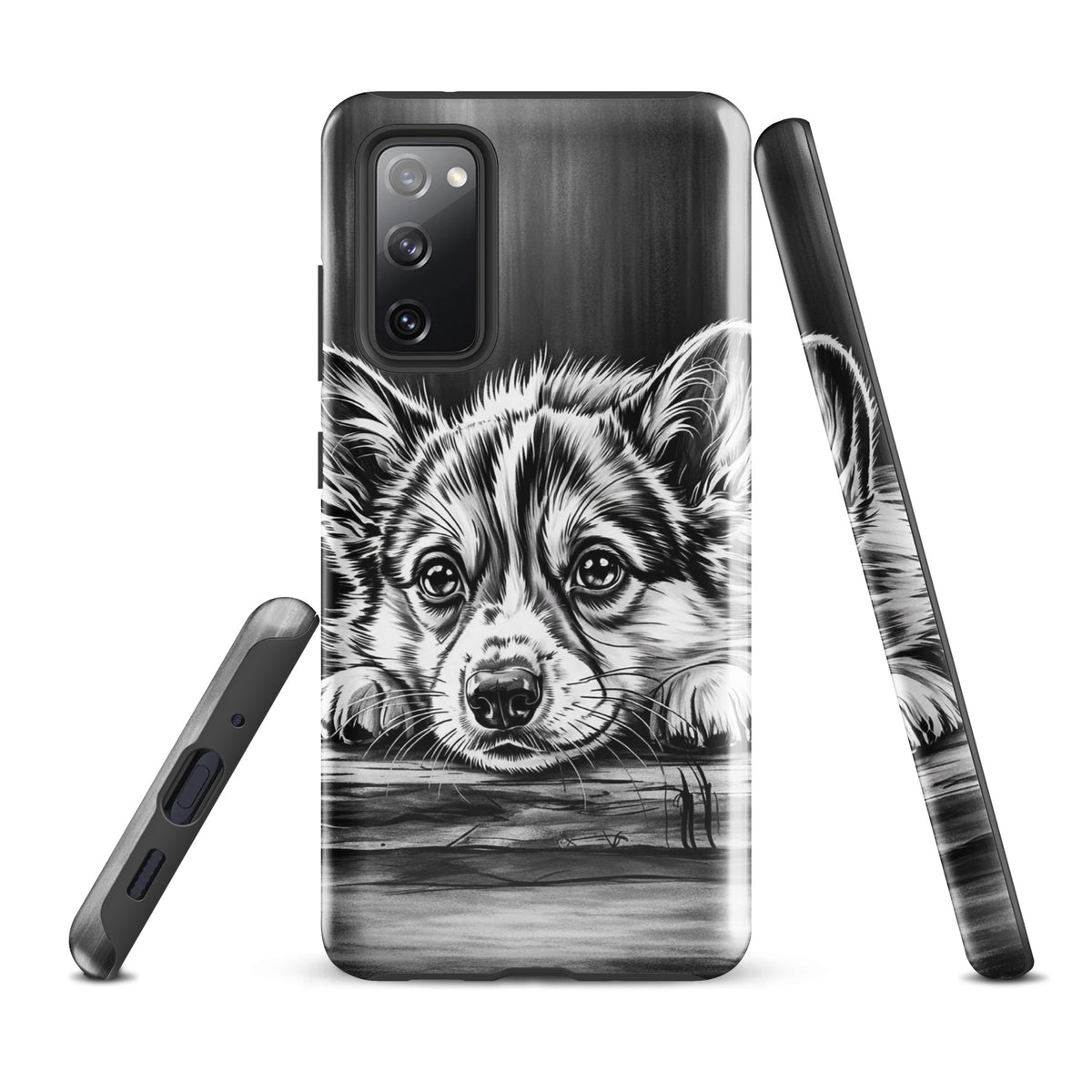 Phone Case for Samsung Galaxy with elegant puppy art featuring a black-and-white illustration on wooden texture, offering premium protection.