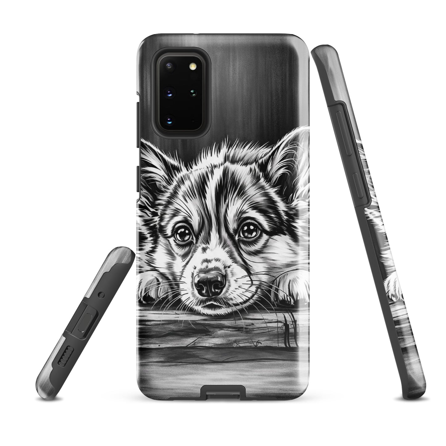 Phone Case for Samsung Galaxy with elegant puppy art, black and white illustration on wood background offering premium protection.