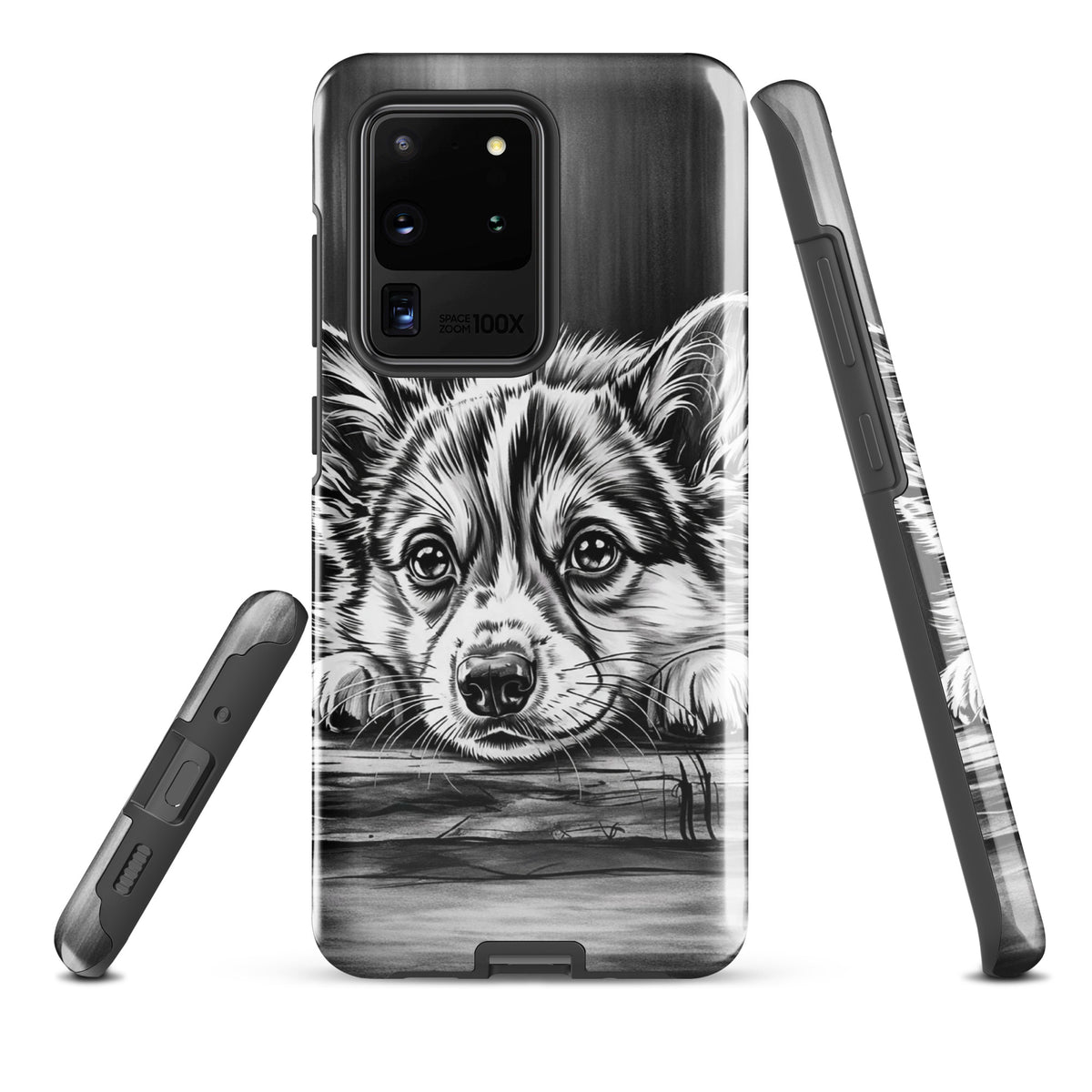 Phone Case for Samsung Galaxy with elegant puppy art in black-and-white, offering luxury design and premium protection.