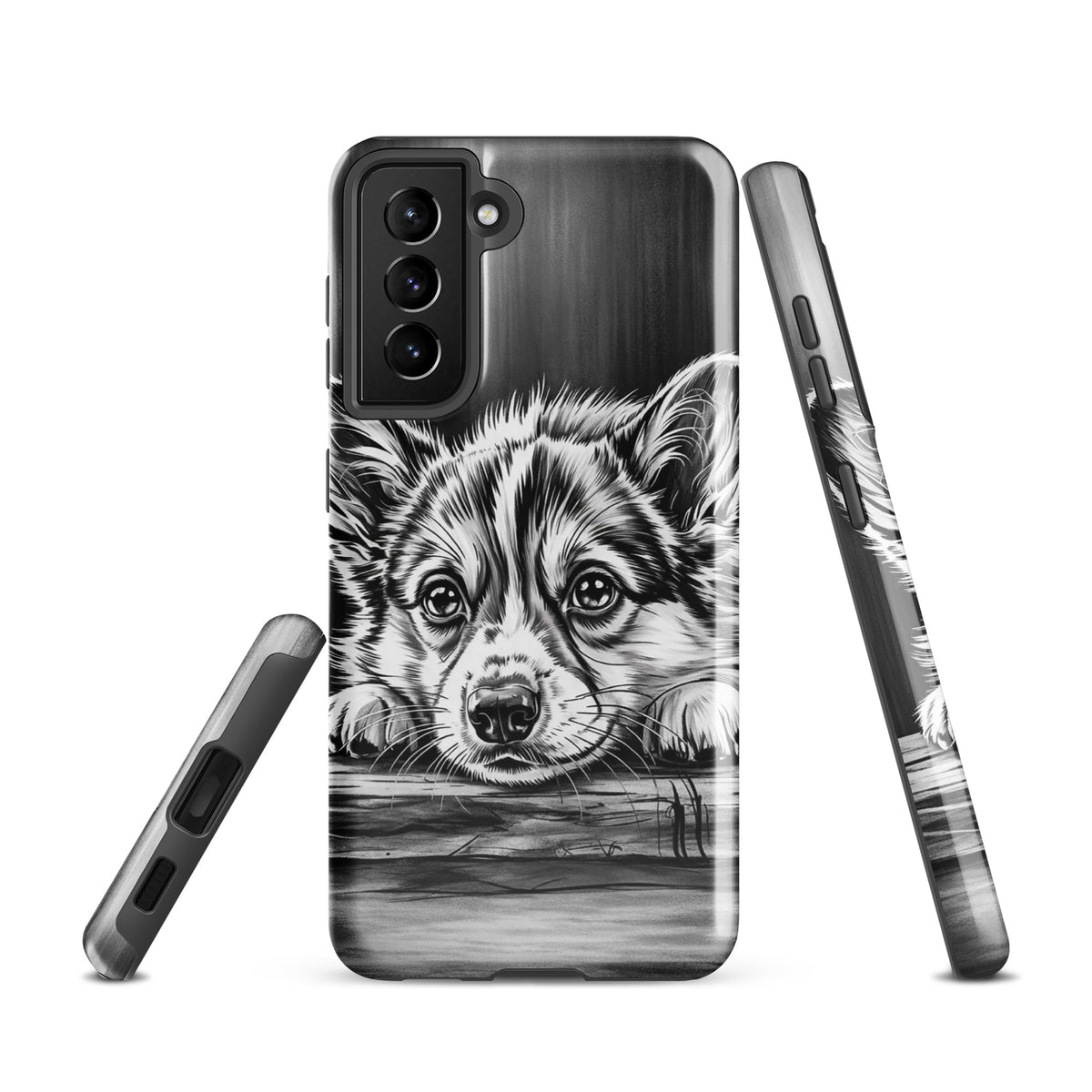 Phone Case with elegant puppy art for Samsung Galaxy, featuring a black-and-white puppy illustration on aged wood for stylish protection.