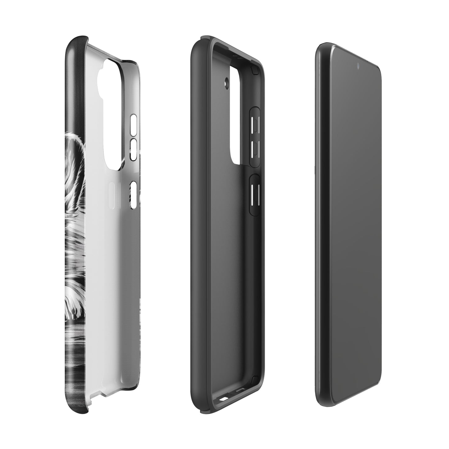Phone Case for Samsung Galaxy with elegant puppy art and premium protection, featuring a black-and-white puppy illustration on wood texture.
