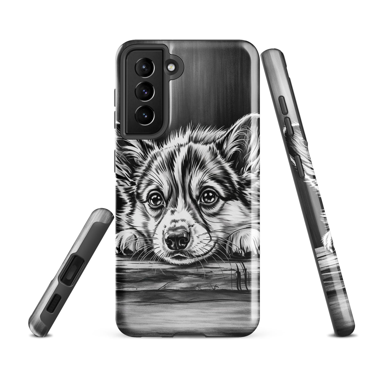 Phone Case for Samsung Galaxy with elegant puppy art in black and white, offering premium protection and stylish design.