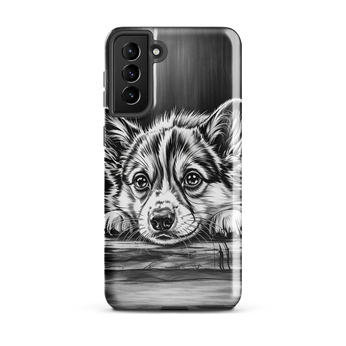 Phone Case for Samsung Galaxy with elegant puppy art, featuring a detailed black-and-white illustration on a protective design.