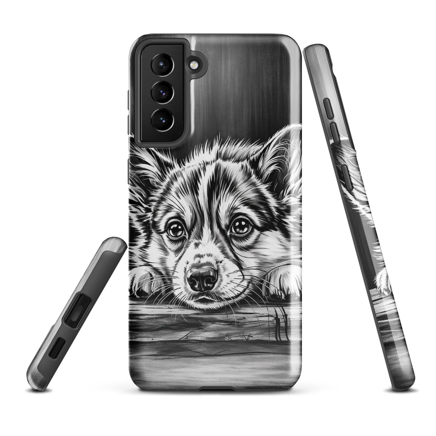 Phone Case for Samsung Galaxy with elegant puppy art in black and white, offering protection with a stylish and artistic design.