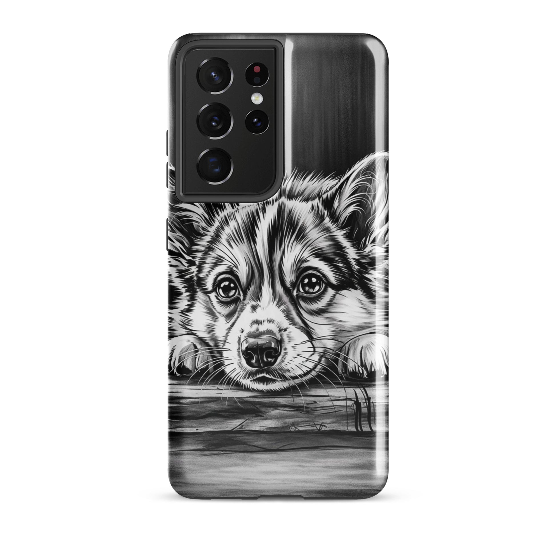 Phone Case featuring elegant puppy art on black-and-white background, designed for Samsung Galaxy with premium protection.