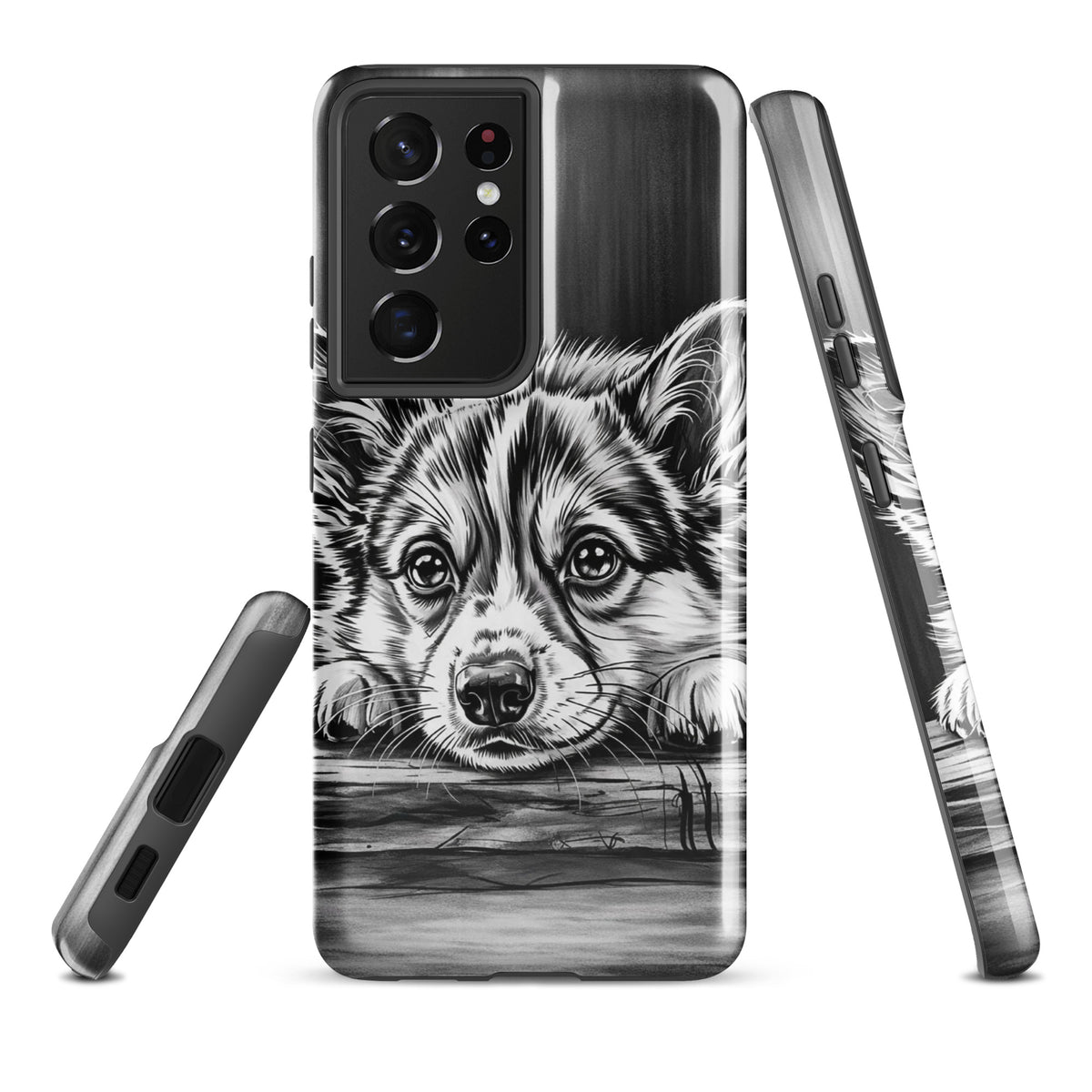 Phone Case for Samsung Galaxy featuring elegant black-and-white puppy art on aged wood, offering premium protection and artistic charm.