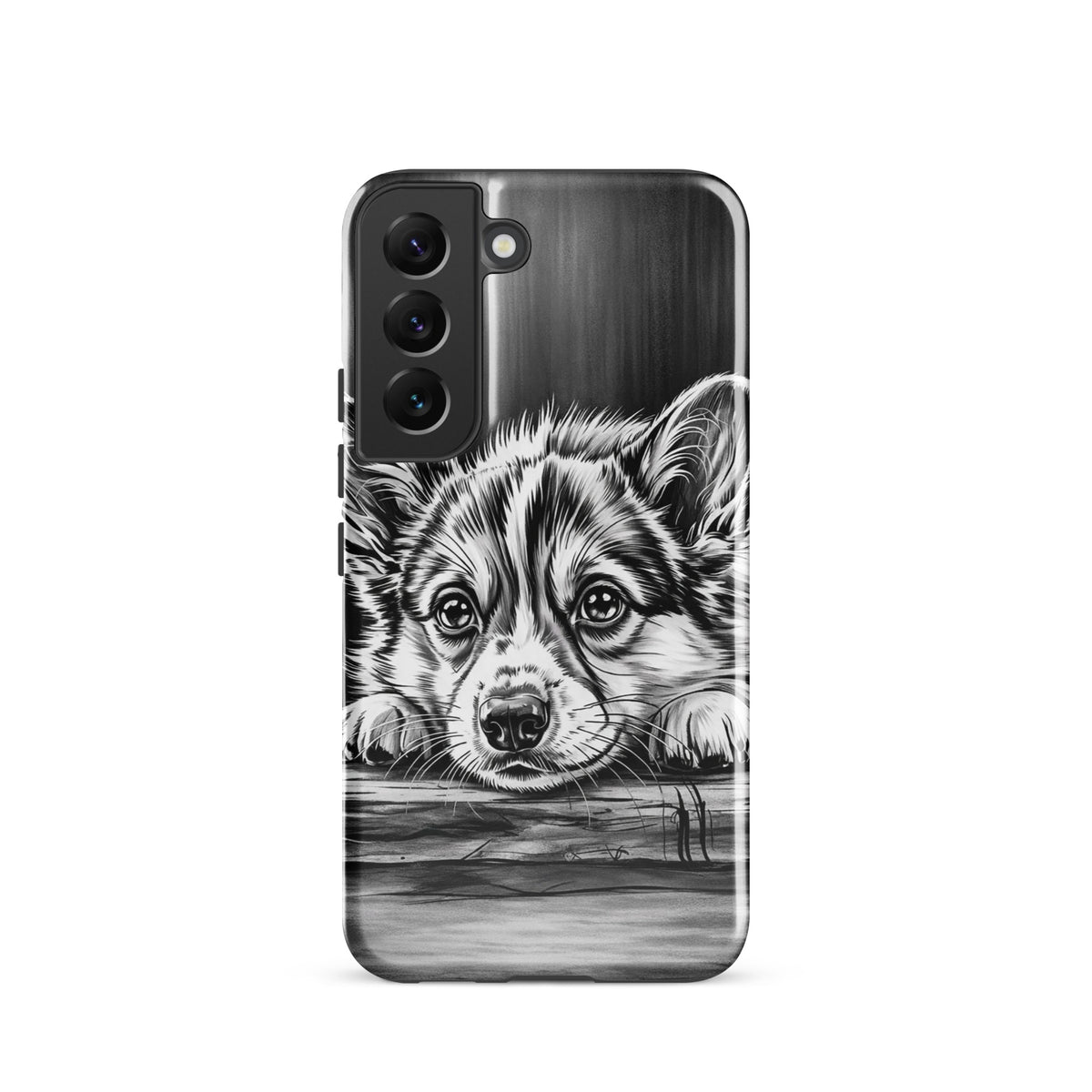 Phone Case for Samsung Galaxy featuring elegant black-and-white puppy art with protection on aged wood background.