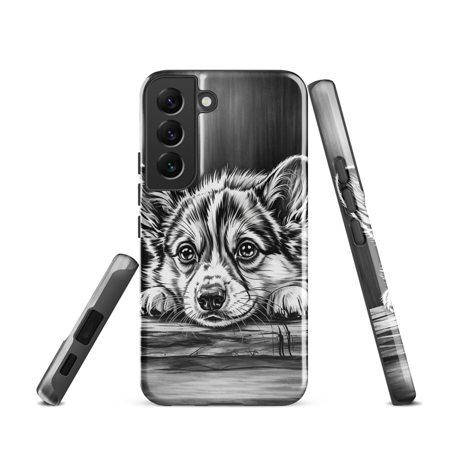 Phone Case for Samsung Galaxy with elegant puppy art in black-and-white, offering luxury and protection.