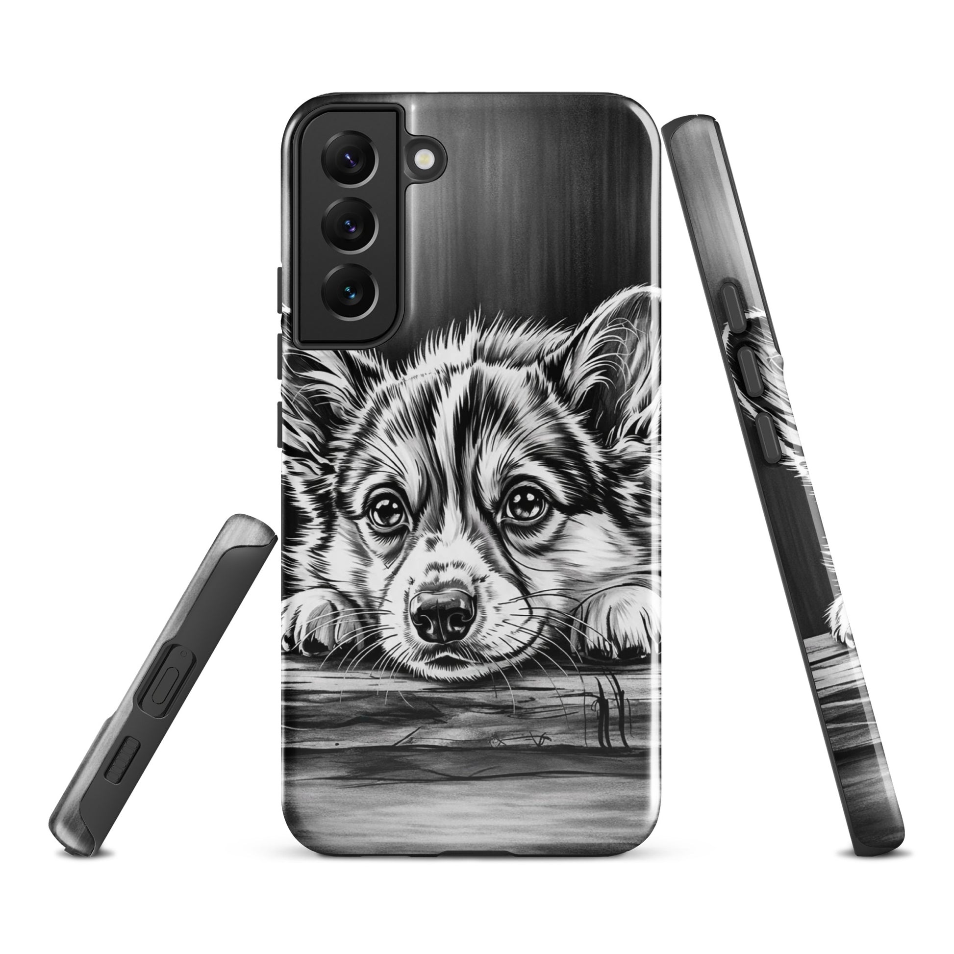 Phone Case for Samsung Galaxy with puppy illustration in black-and-white for stylish, protective cover.